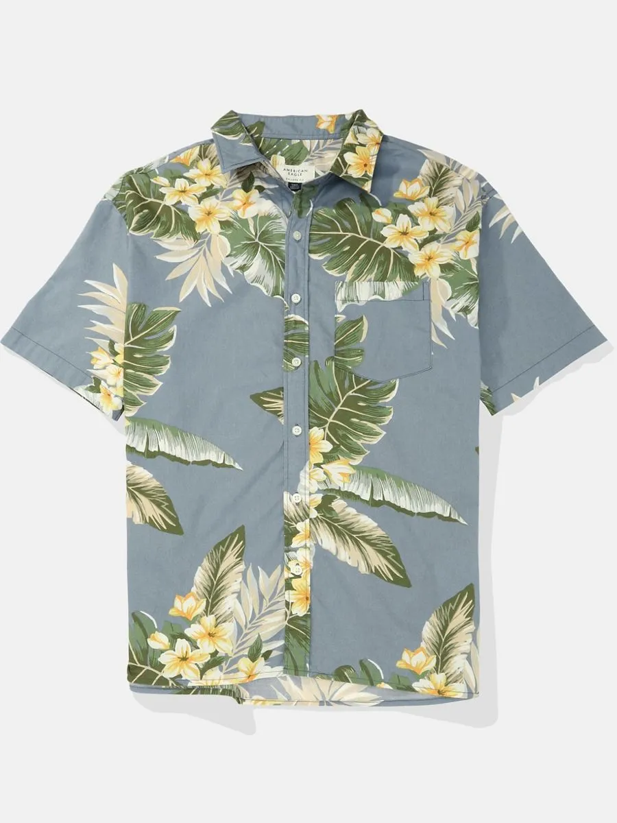 AMERICAN EAGLE MEN ANDREW FLORAL SS OVERSIZED CSC 32S POPLIN BLEACH WASH 402 CERULEAN BLUE