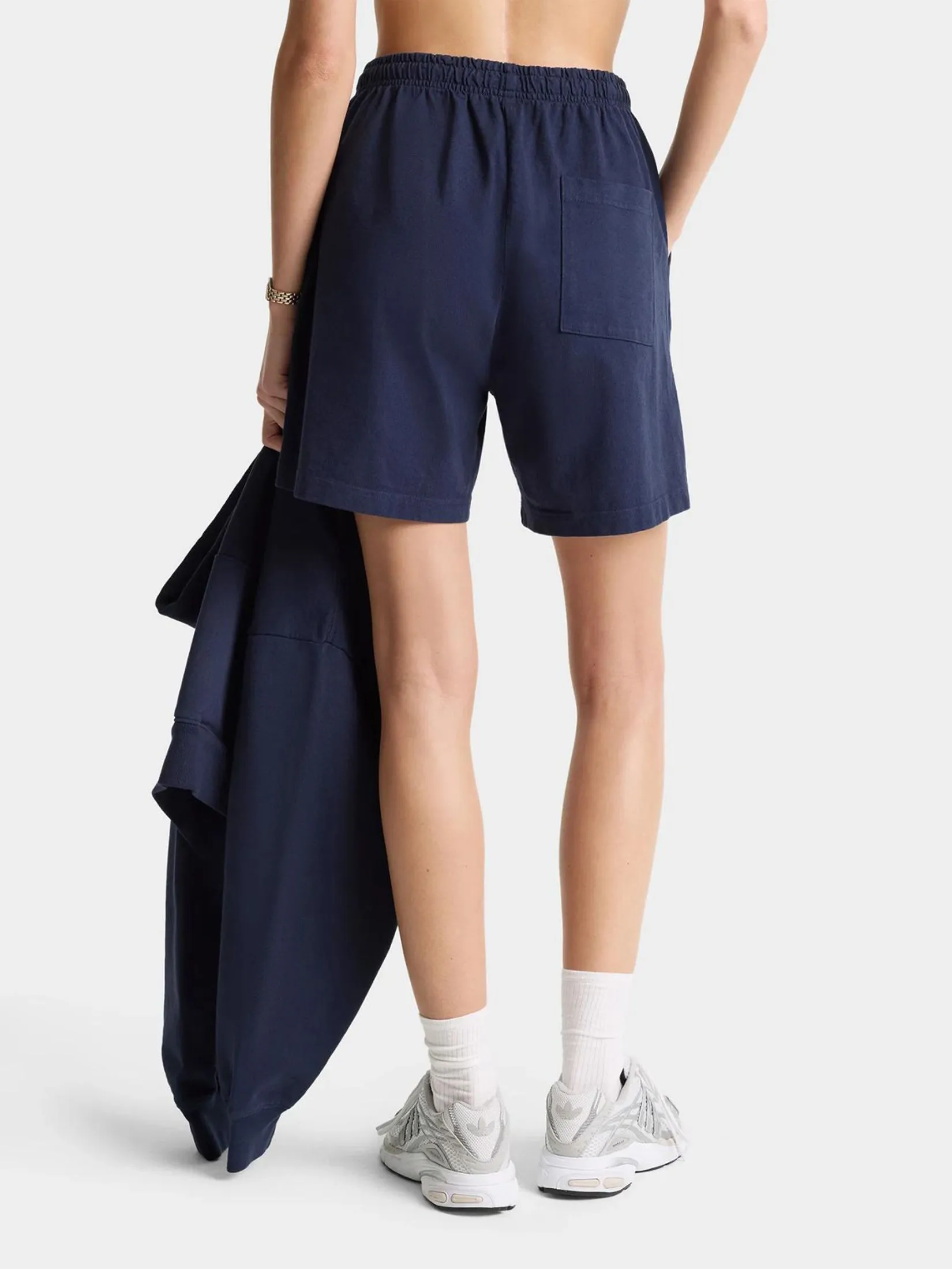 SPORTY & RICH Unisex Gym Short Serif Logo- Navy/White