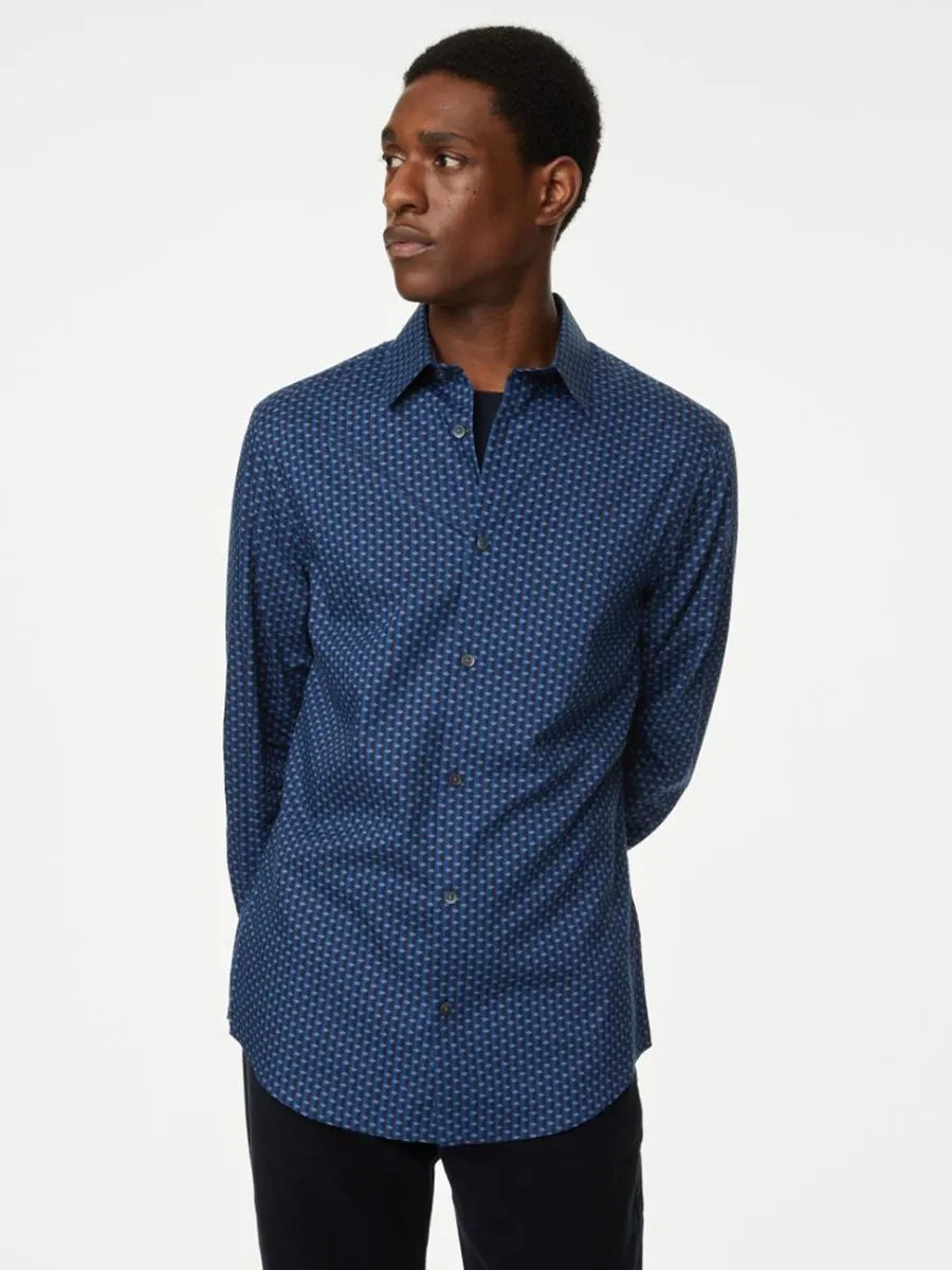 MARKS & SPENCER Men Shirt Long Sleeves Cotton Rich Geometric Print