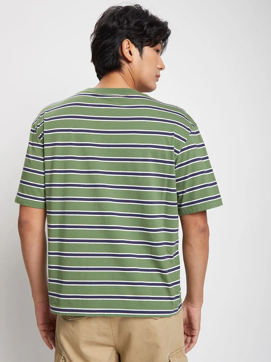 DEFRY 01 Men T-Shirt Crew Neck Short Sleeves Striped Printed Green