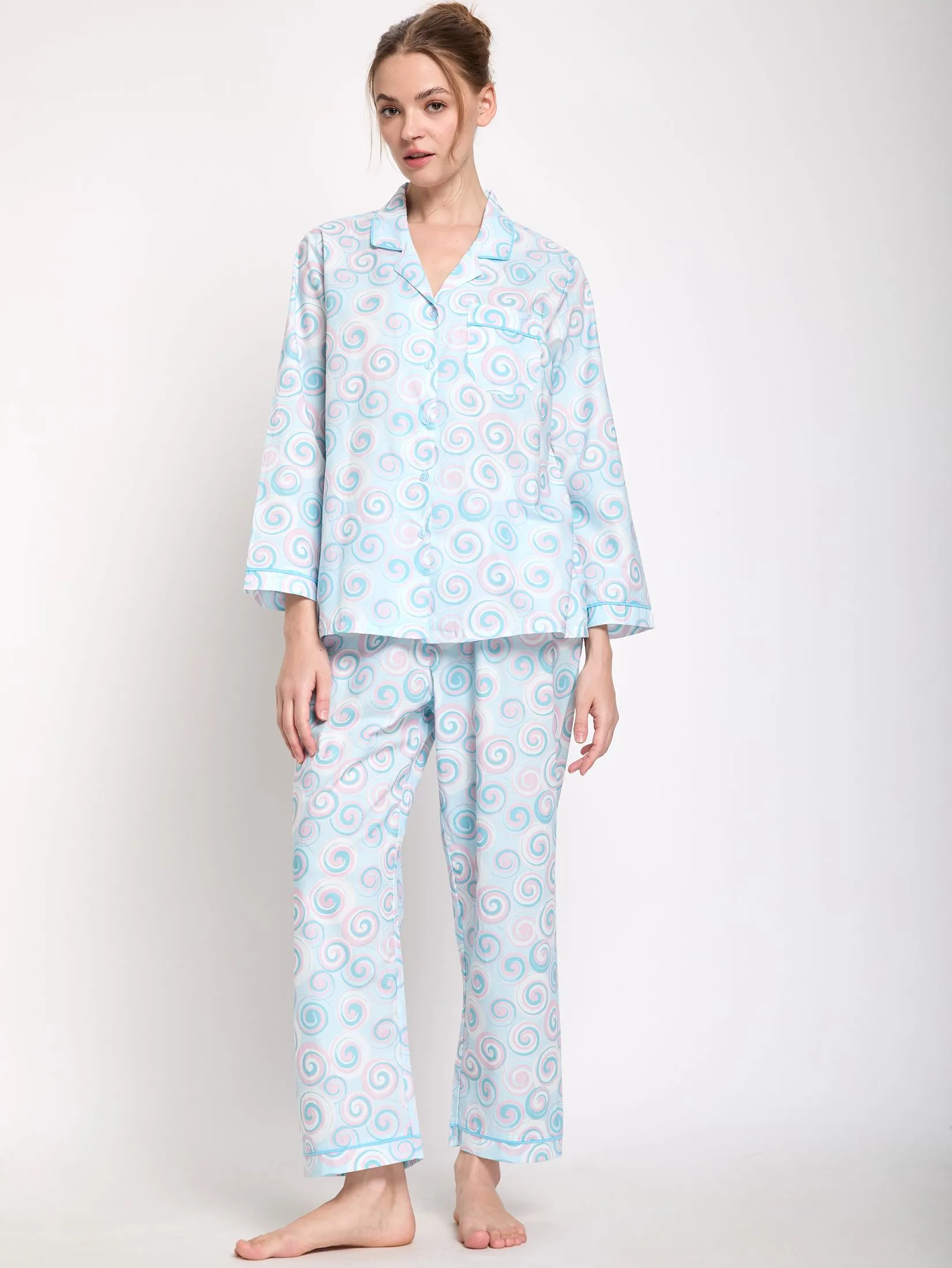 CLAUDIA'S ROMANCE Women Pyjamas Set Hawaiian Shirt Long Sleeves + Pants Light Blue