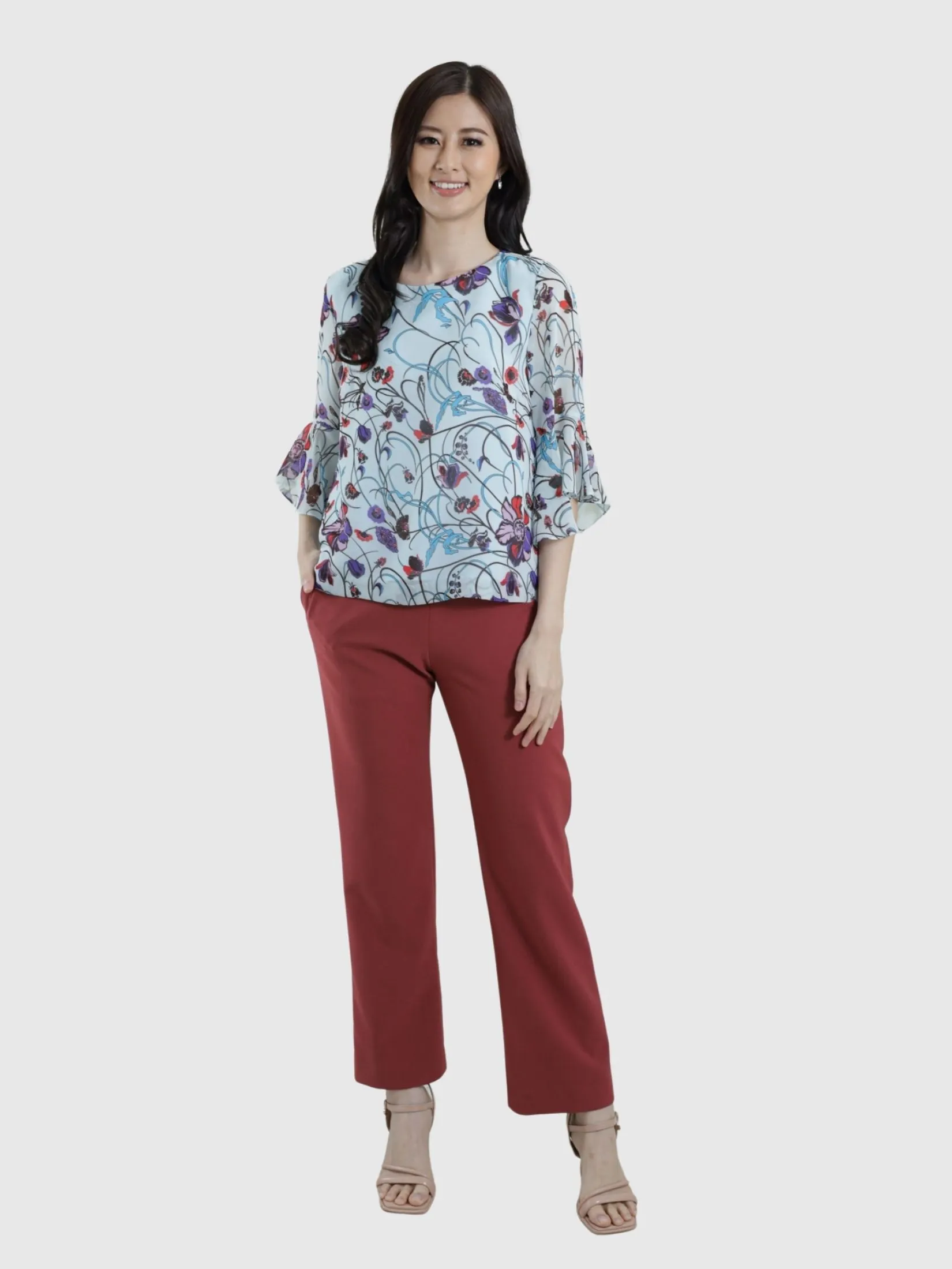 MIKIKO Women Blouse Long Sleeves Chiffon Print Blue