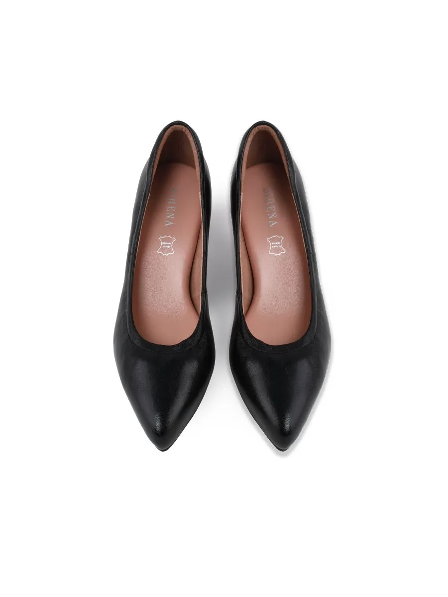 SIRENA Black Leather Court Shoes Pointed Toe High Heel 3 inch Cinderella+Platform 15mm