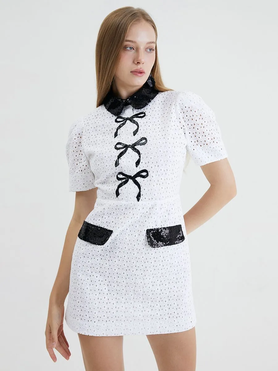 KLOSET (RS24)Ribbon Bow Openwork Dress White