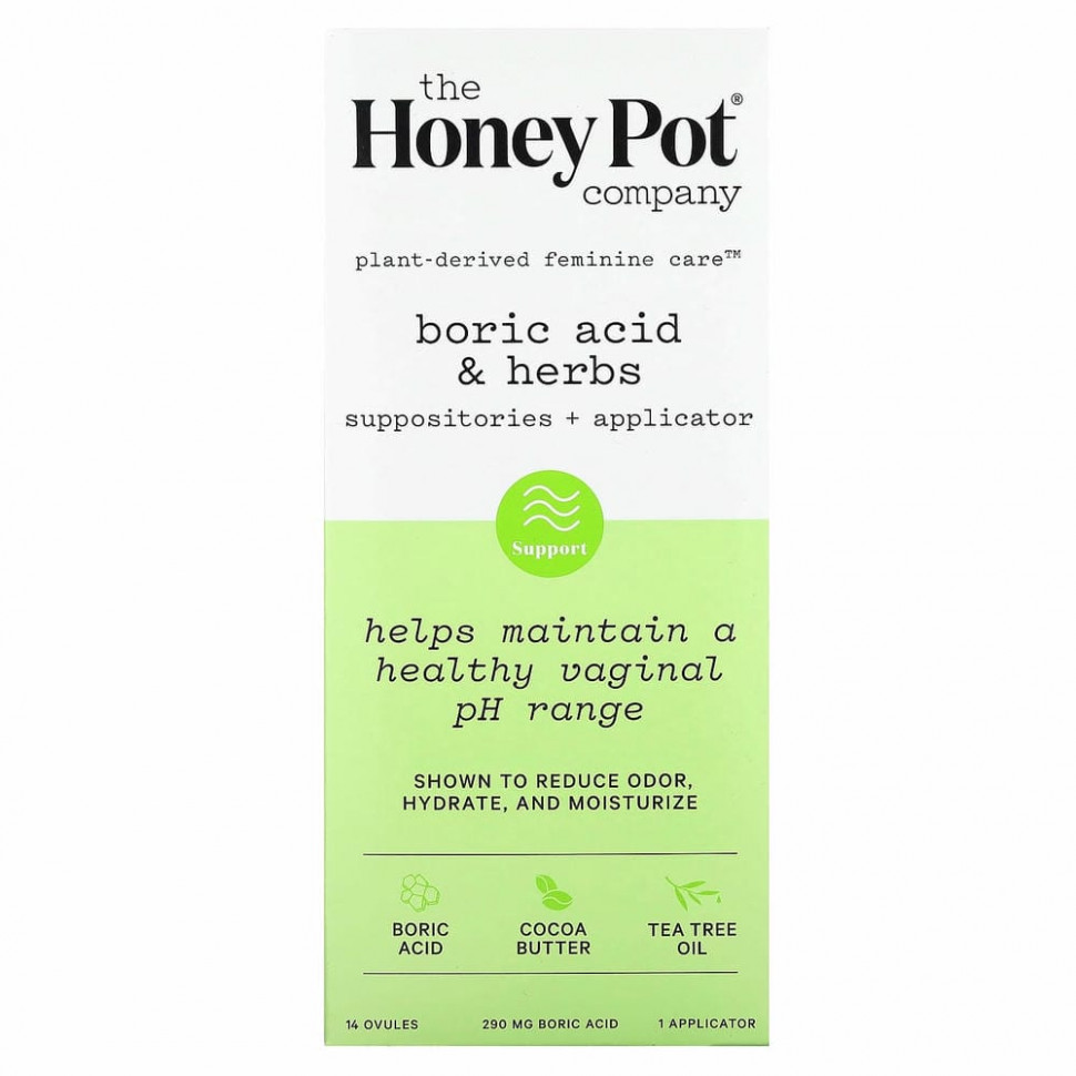 The Honey Pot Company, Борная кислота и травы, Суппозитории + аппликатор, 14 супозиториев, 1 аппликатор