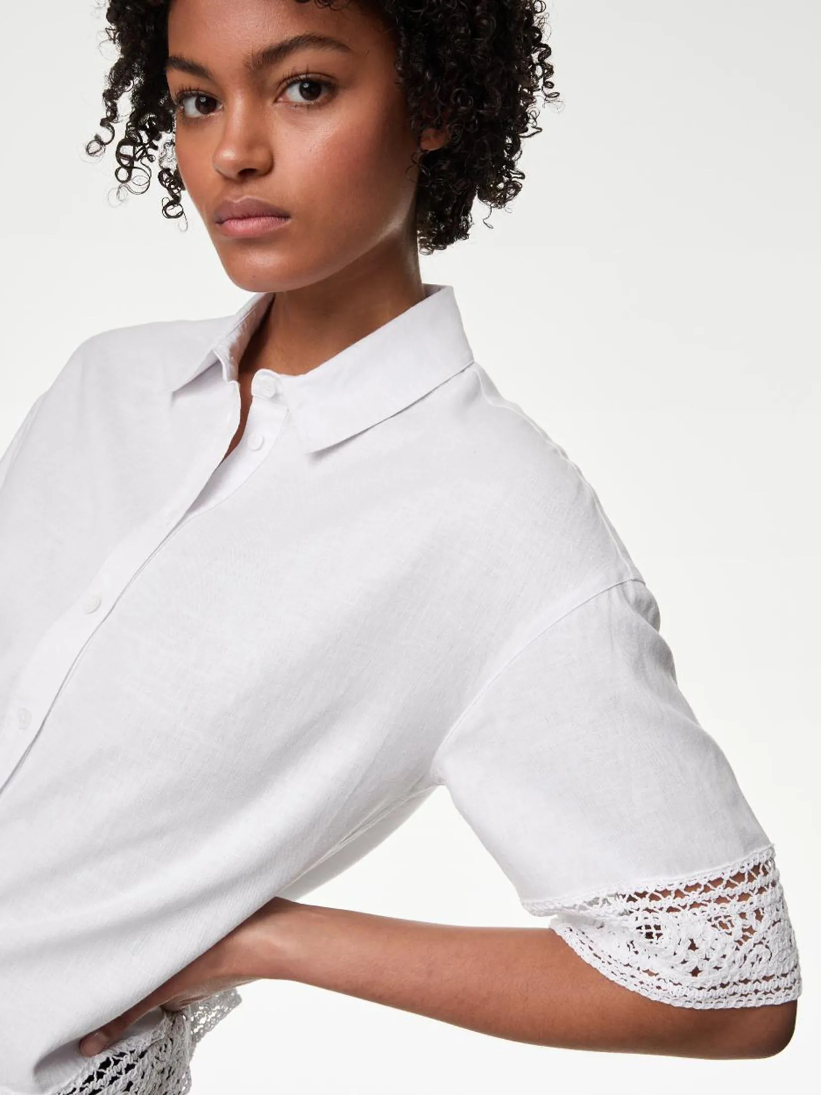 MARKS & SPENCER Women Shirt Linen Rich Crochet Collared White
