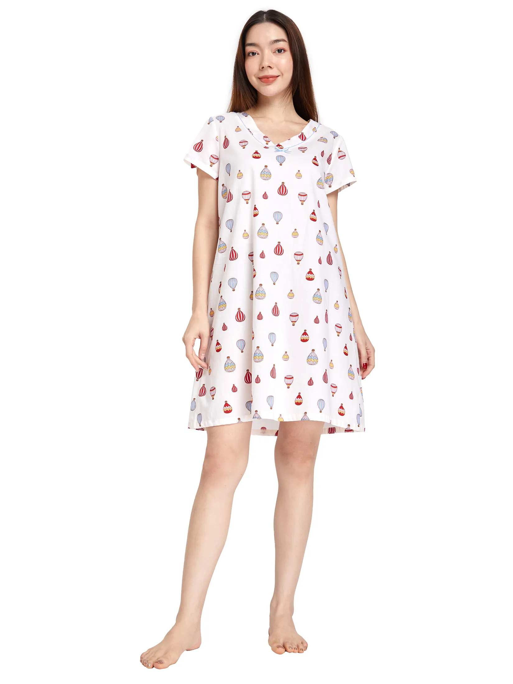 SWEET SENSATIONS Women Dress Sleepwear Short Sleeves V-Neck Off White