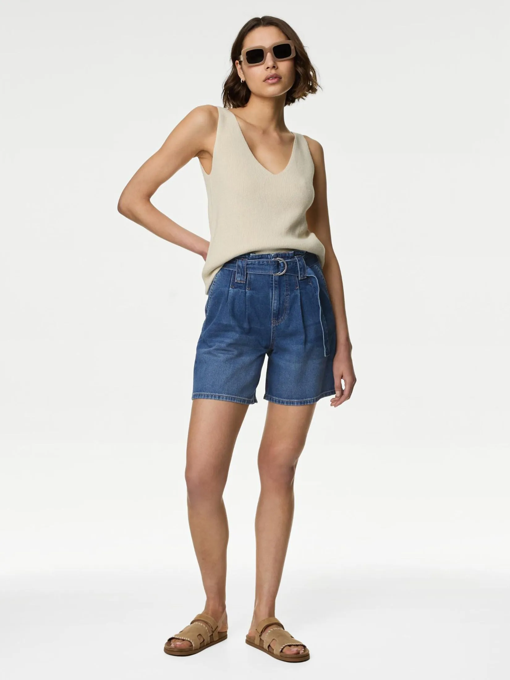 MARKS & SPENCER Women Shorts Denim Pleat Front Belted Medium Indigo