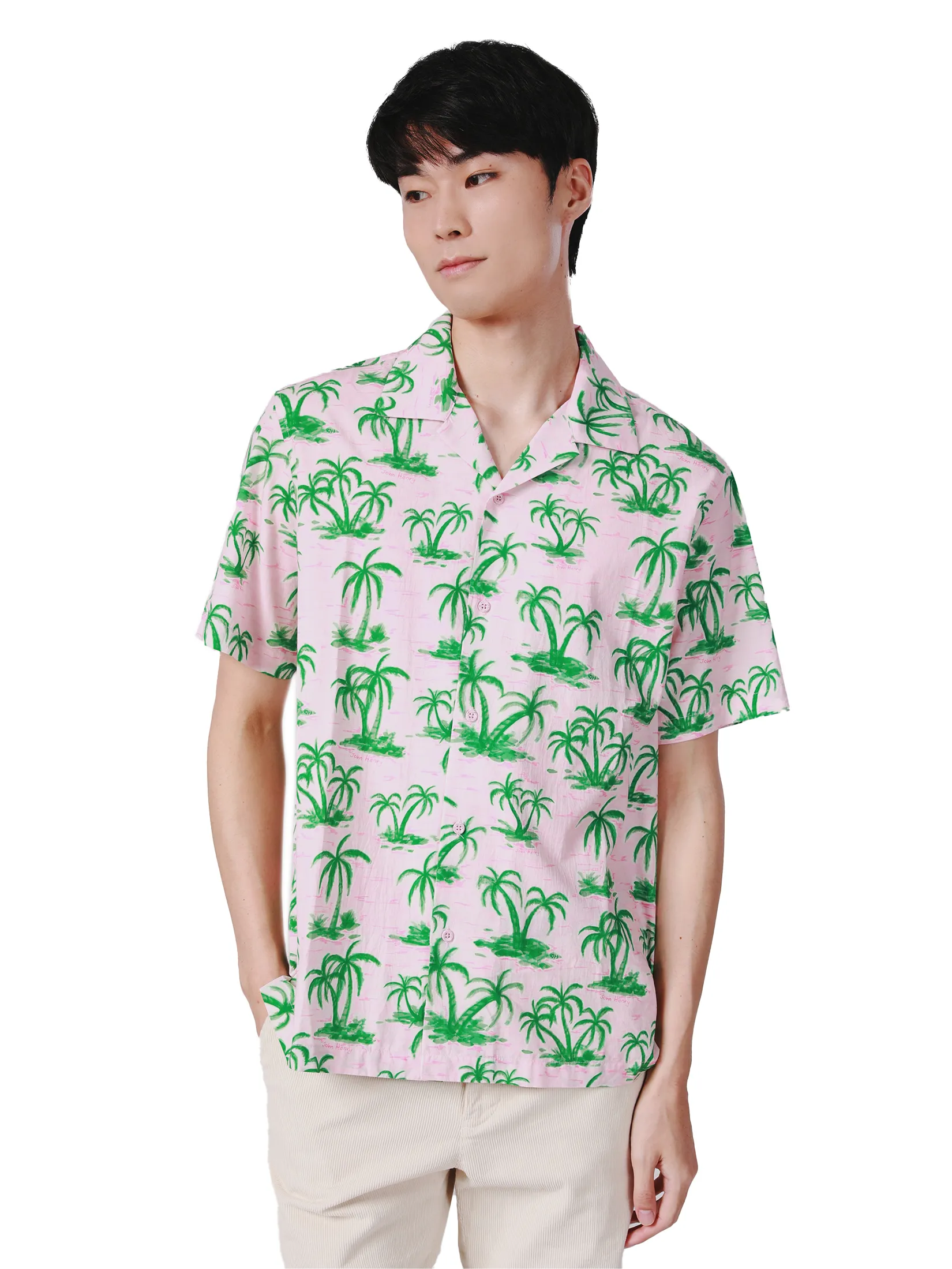 JOHN HENRY Men s Short Sleeves Hawaii Shirts (Relaxed Fit) SONGKRAN FESTIVAL Pink