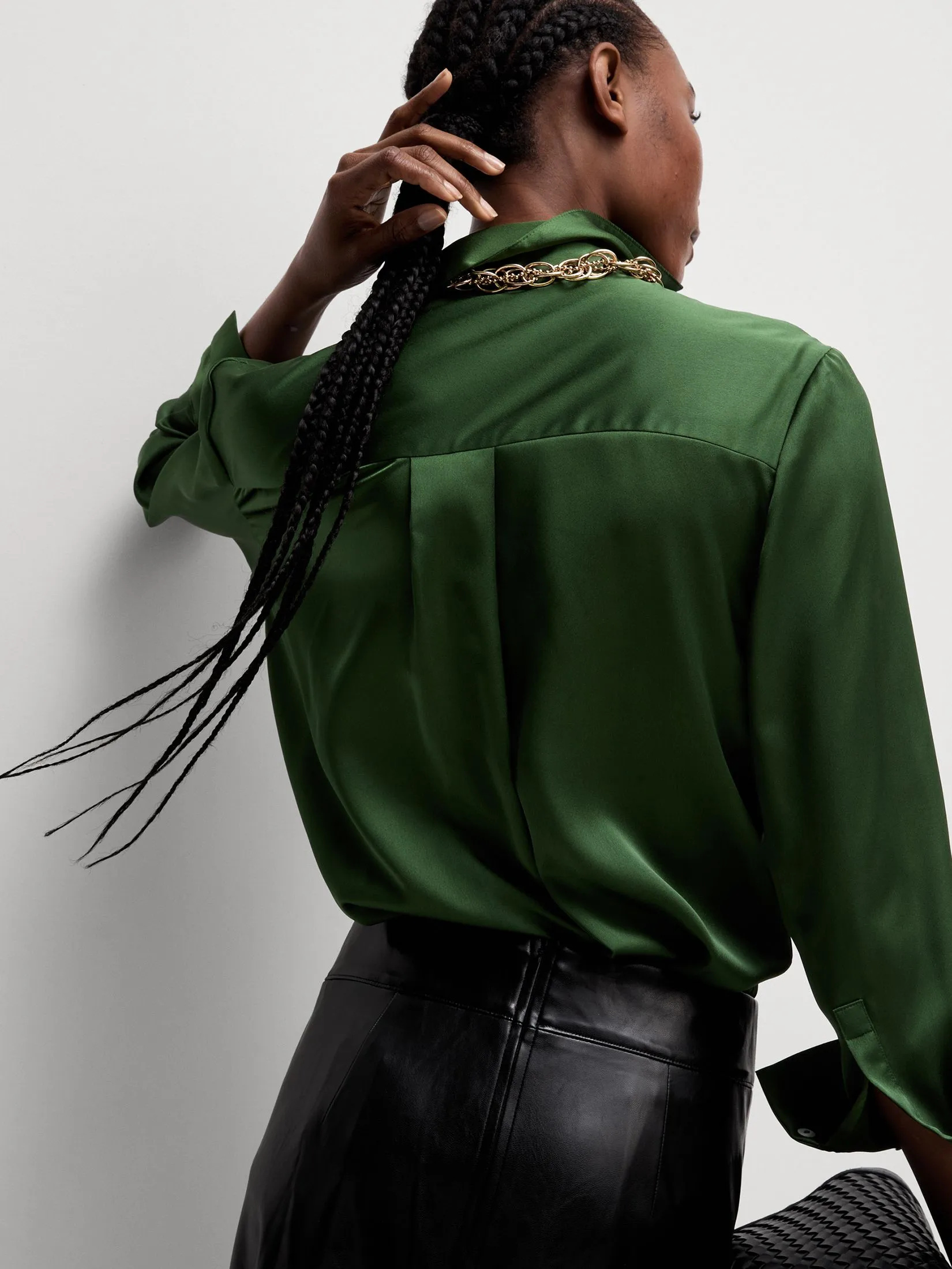 MARKS & SPENCER Women Shirt Satin Collared Button Through Forest Green