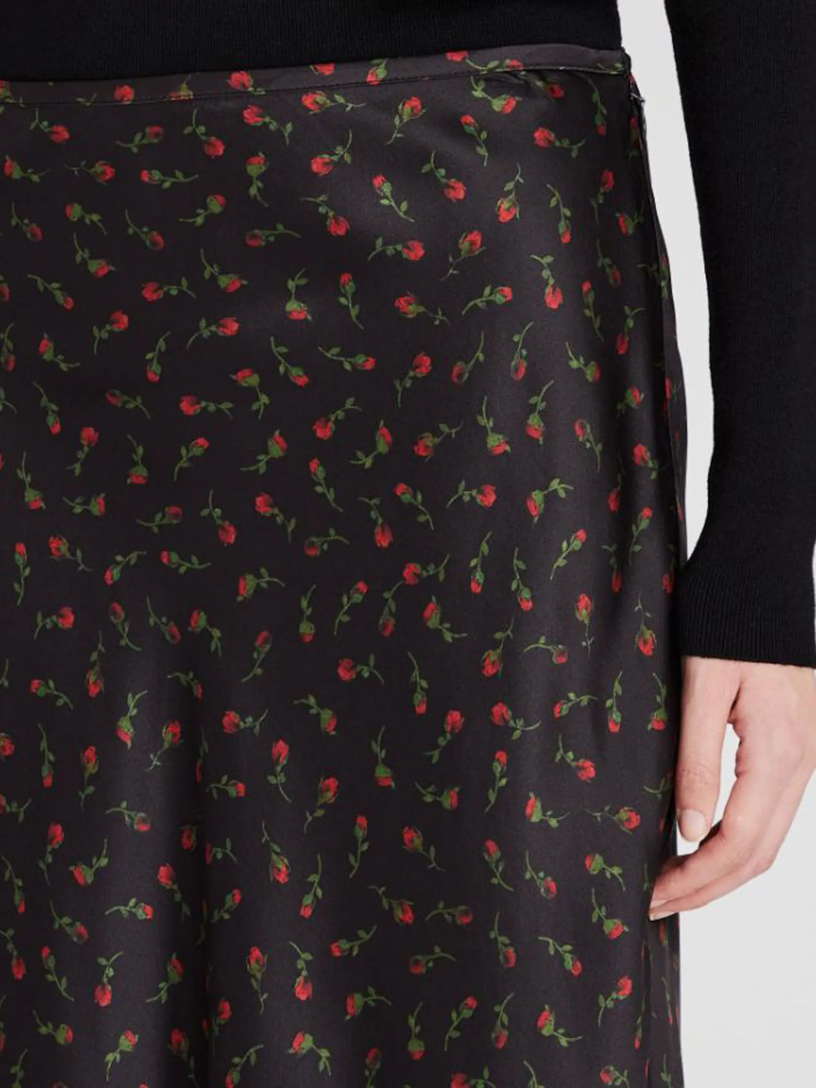 CLUB MONACO Women Skirt Midi Floral Print Silk Charmeuse Black