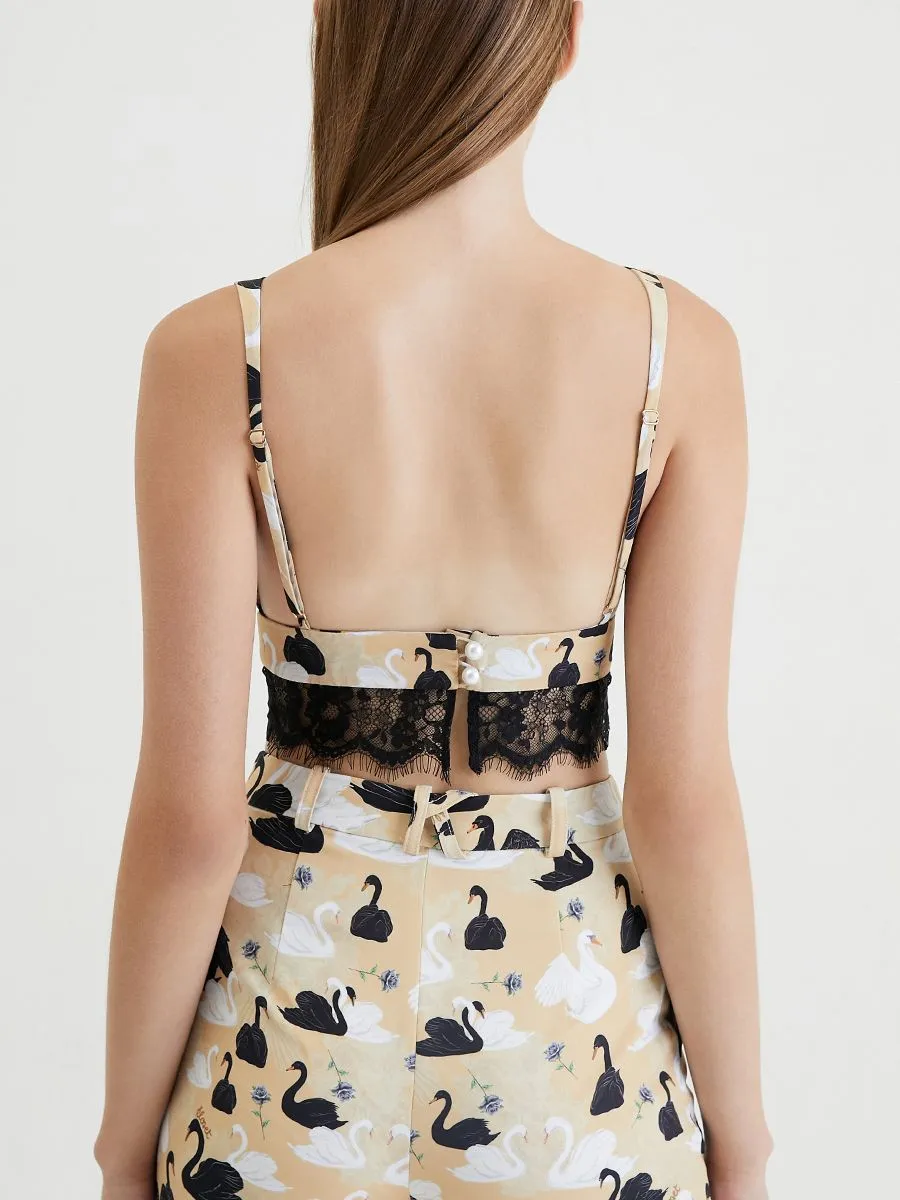 KLOSET (RS24) Swan Print With Lace Trim Top Beige
