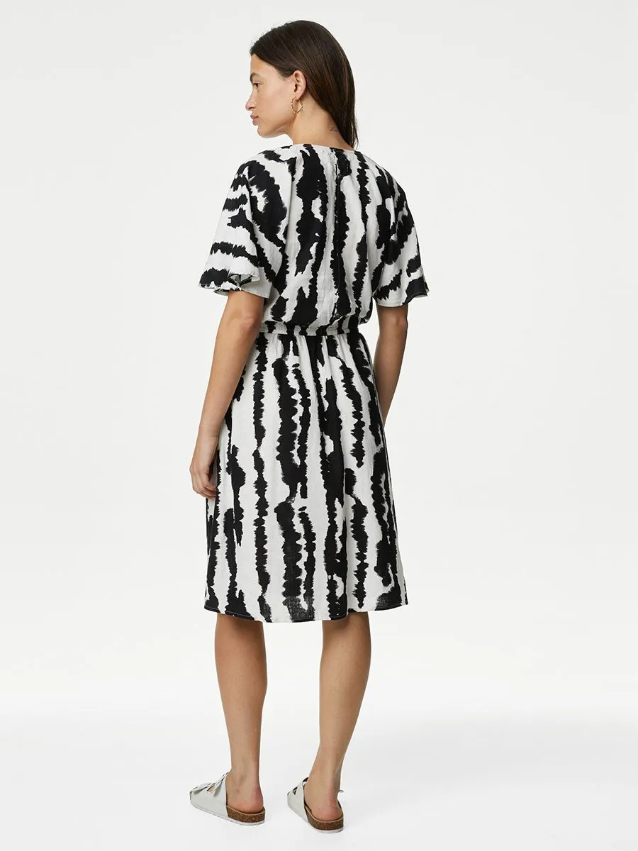 MARKS & SPENCER Women Dress V-Neck Swing Linen Blend Printed Black Mix