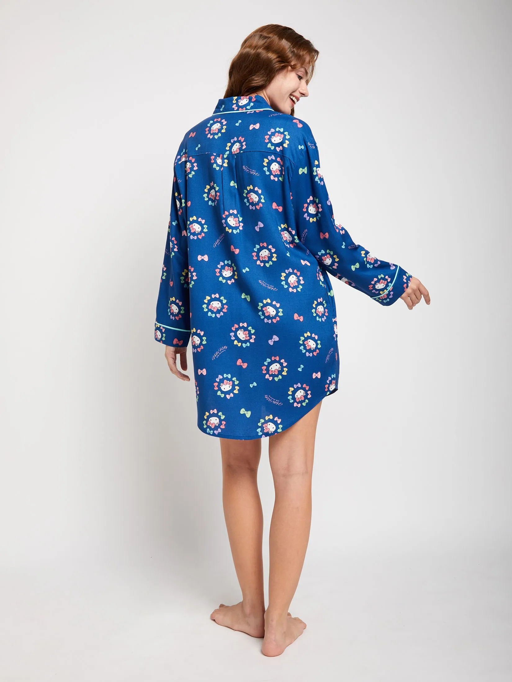 SANRIO Women Pyjamas Dress Long Sleeves Colorful Ribbon Hello Kitty Navy