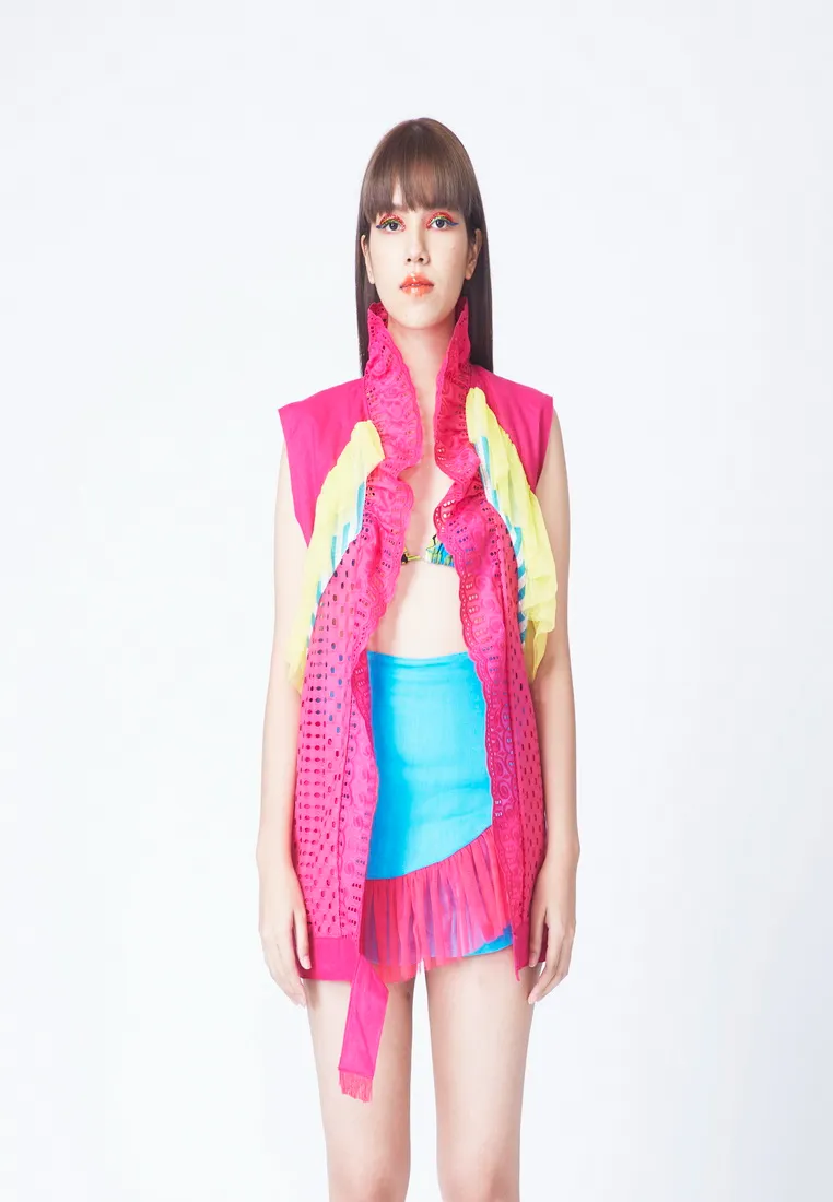 QOYA Pink MONRAK LACE WAISTCOAT IN MAGENTA (PK)