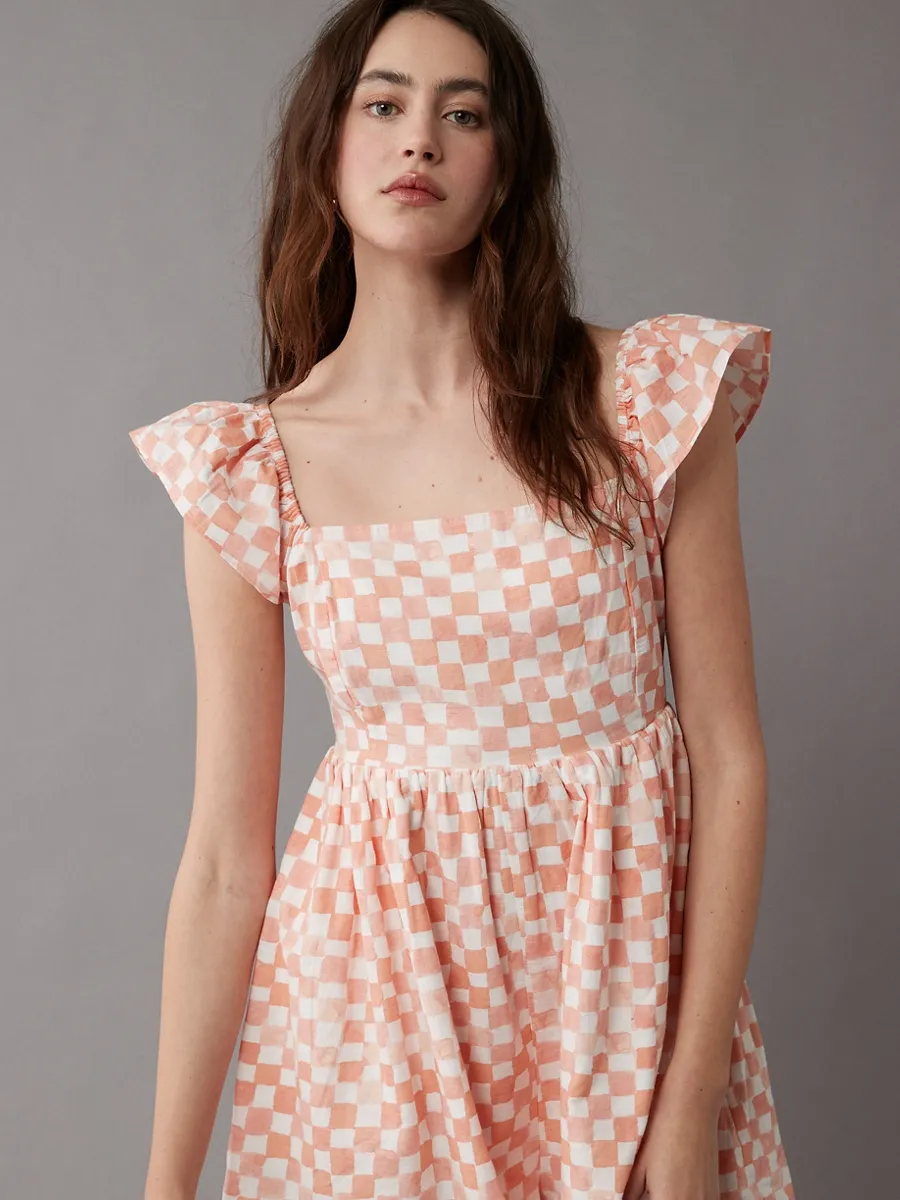 AMERICAN EAGLE WOMEN 7918 FLUTTER SLV BABYDOLL ROMPER 823 PEACH