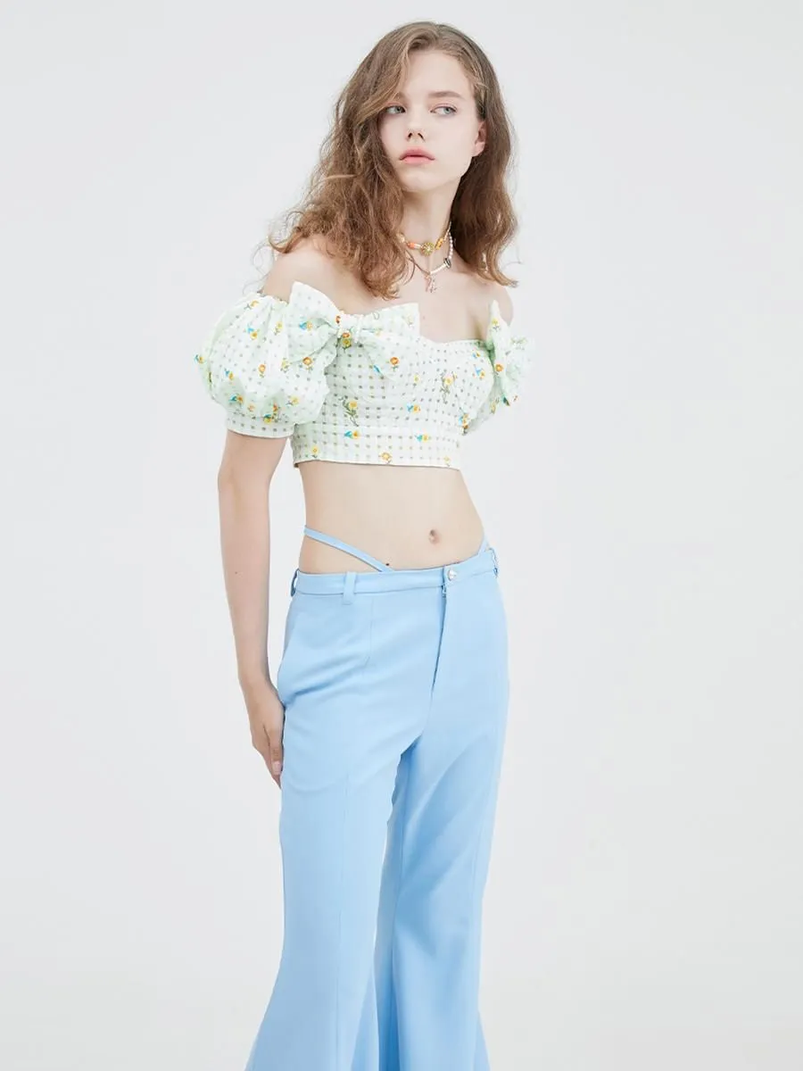 KLOSET (RS23)Tie Waist Bootcut Pants Blue