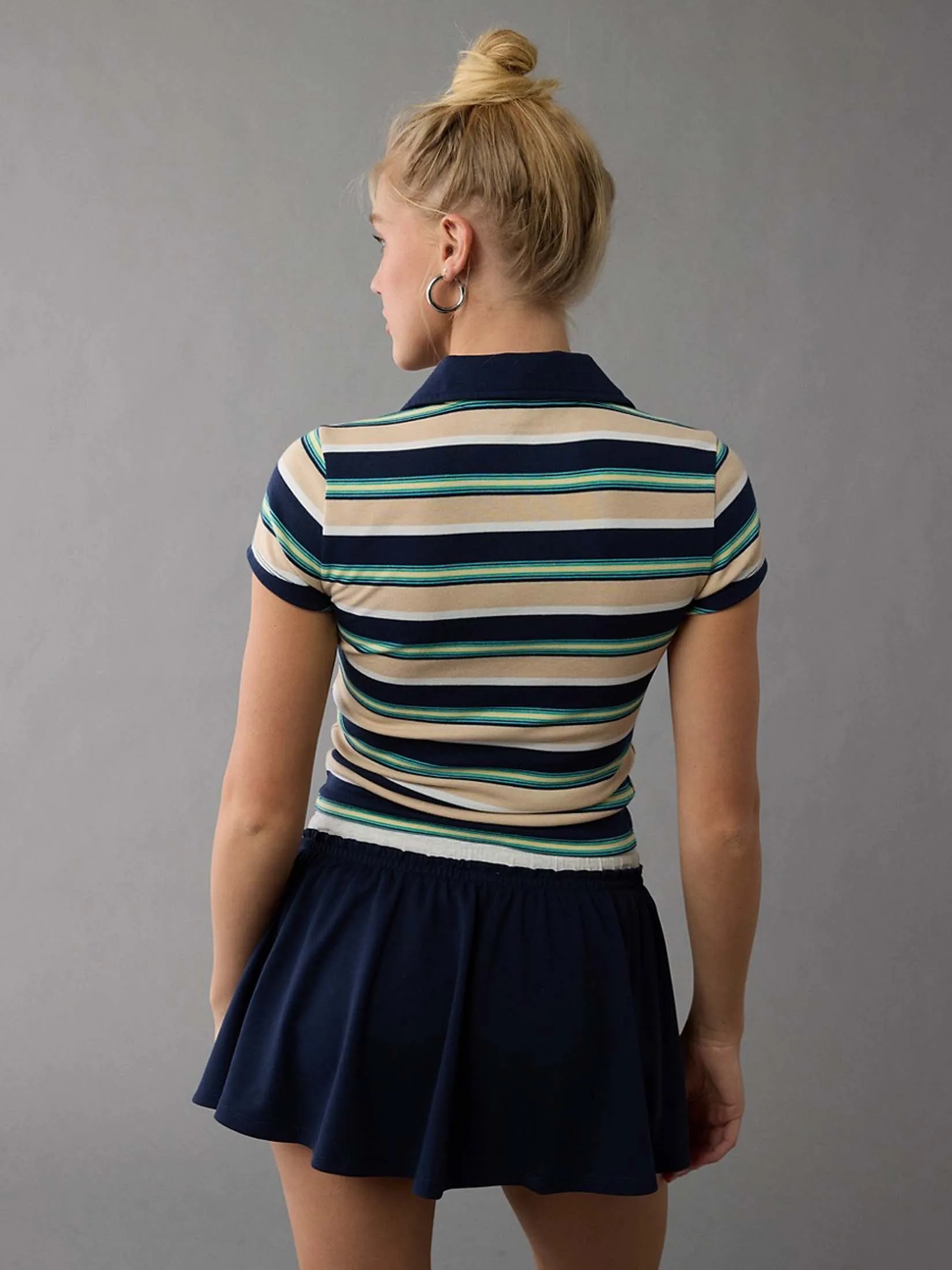 AMERICAN EAGLE WOMEN 9863 POLO BABY TEE STRIPES 410 NAVY