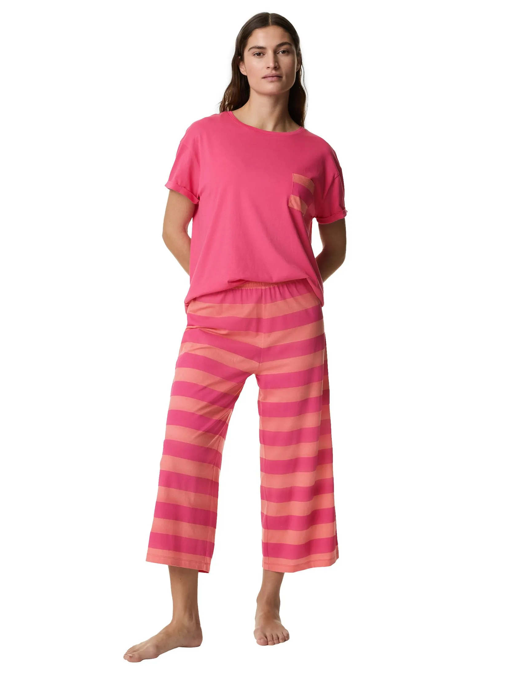 MARKS & SPENCER Women Pyjama Set Cotton Rich Crop Leg Deep Pink