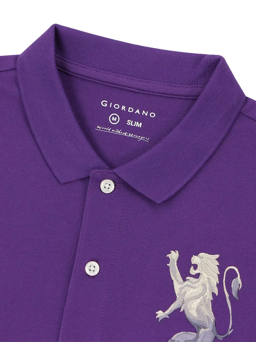 GIORDANO Men's Lycra Pique Embroidery Polo (3D Lion) Plum Purple