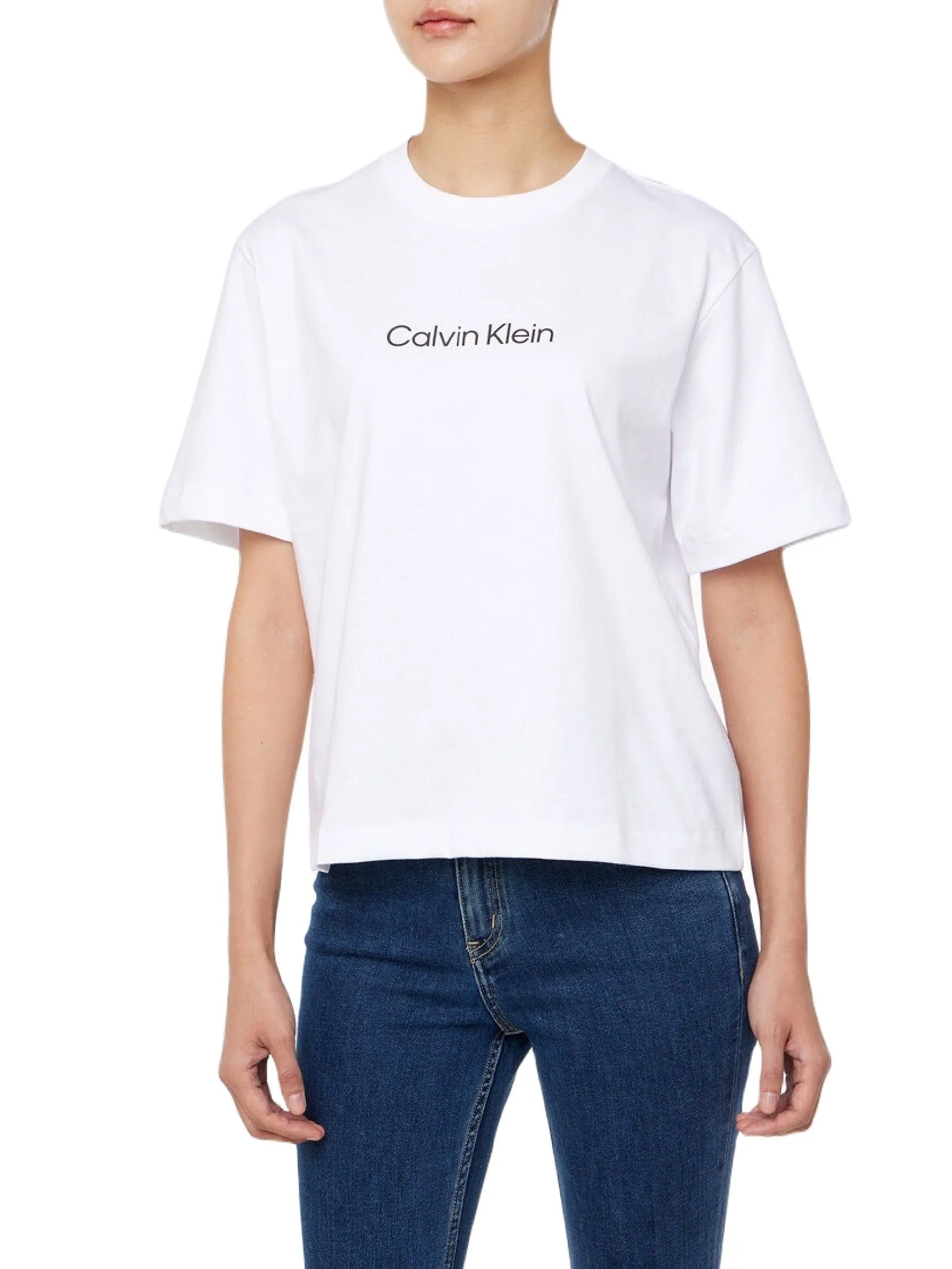 CALVIN KLEIN Women's Relaxed Standard Logo Crewneck Short Sleeve T-Shirt White