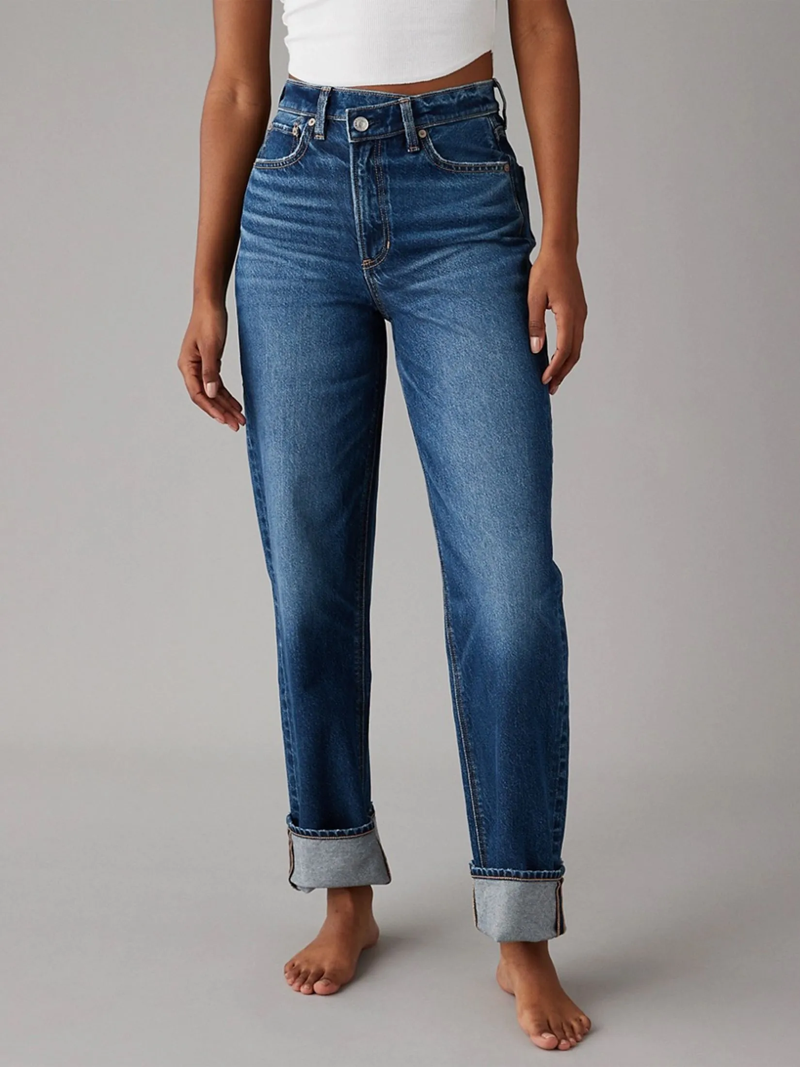 AMERICAN EAGLE WOMEN SUPER HIGH-RISE BAGGY STRAIGHT JEANS 984 HORIZON BLUE