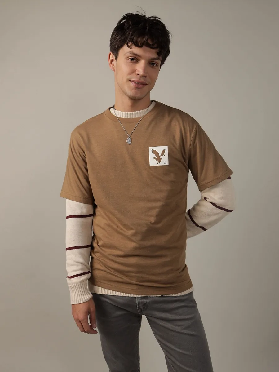 AMERICAN EAGLE MEN G SS CORE BRAND SET IN TEE- CVC FAUX HTHR + SERIOUSLY SOFT WASH 200 BROWN