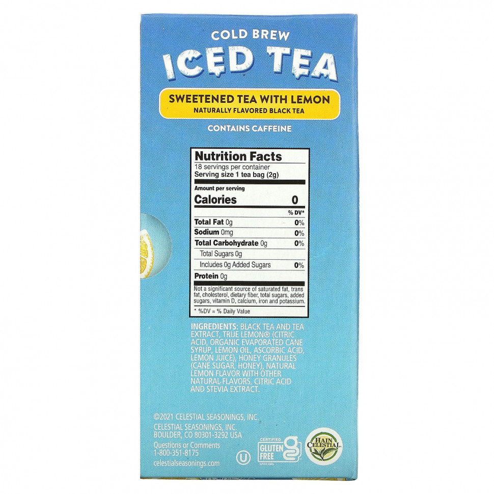 Celestial Seasonings, Cold Brew Iced Tea, подслащенный чай с лимоном, 18 чайных пакетиков, 37 г (1,3 унции)
