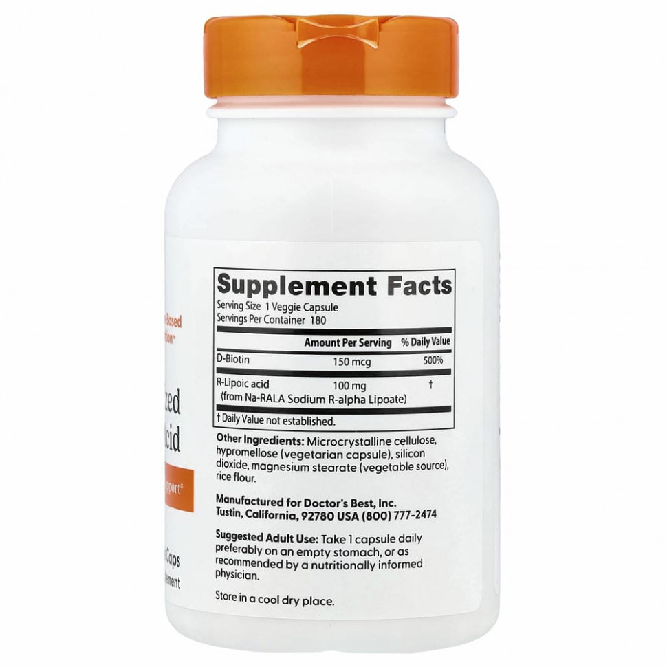 Doctor's Best, стабилизированная R-липоевая кислота с BioEnhanced Na-RALA, 100 мг, 180 вегетарианских капсул