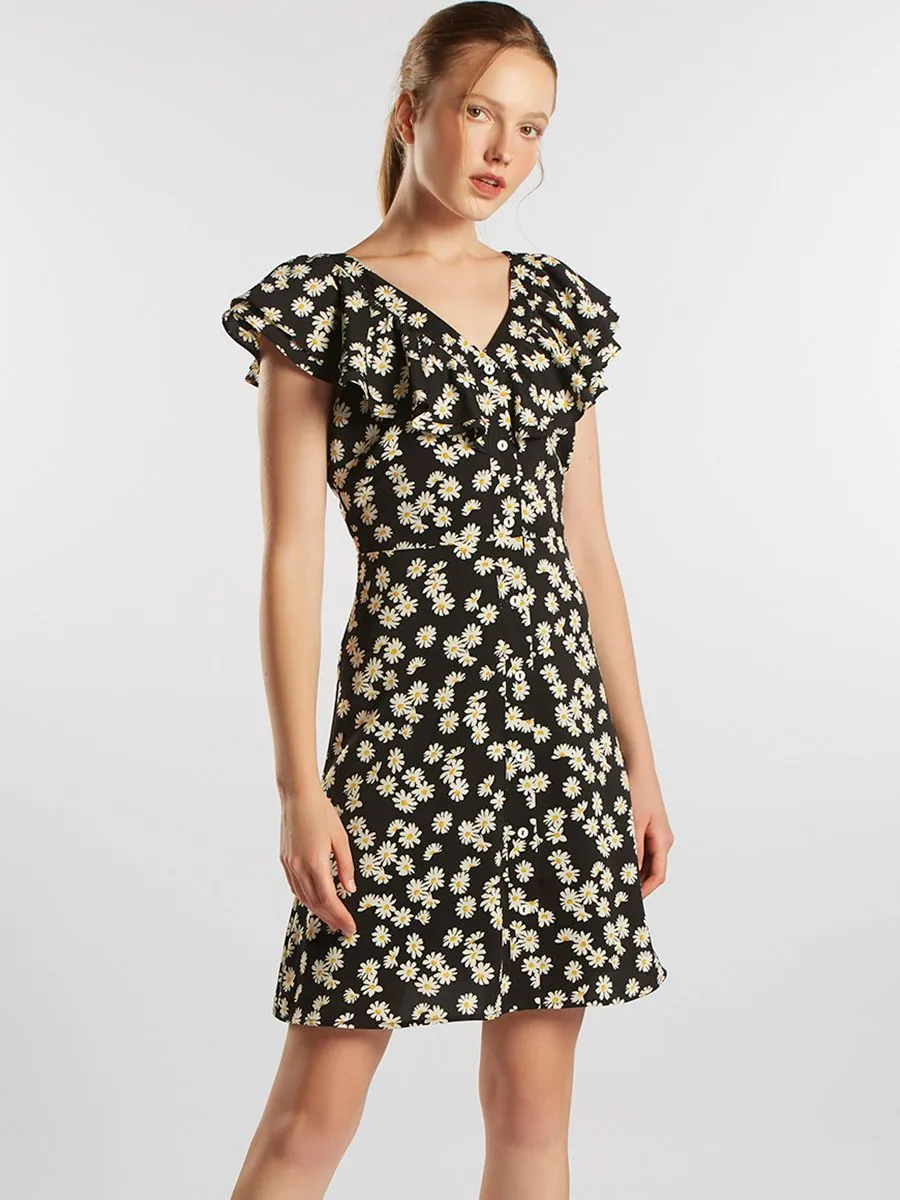 ESP Floral Print  Dress with Ruffle Detail Women Black