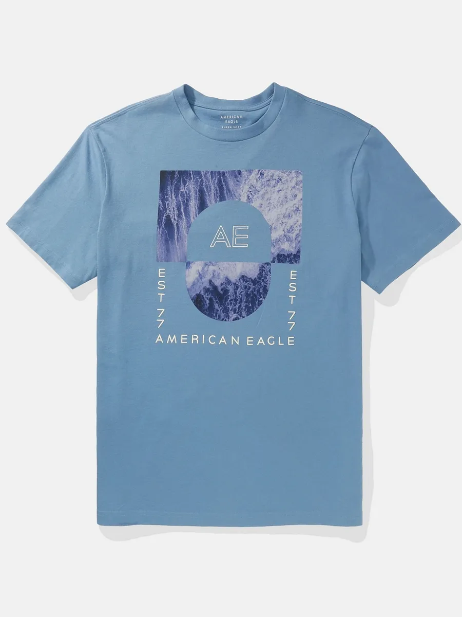 AMERICAN EAGLE MEN G SS PHOTOREAL SET IN TEE- PC DYE + MAGIC WHITE TUMBLE 415 TIDAL BLUE Size - M
