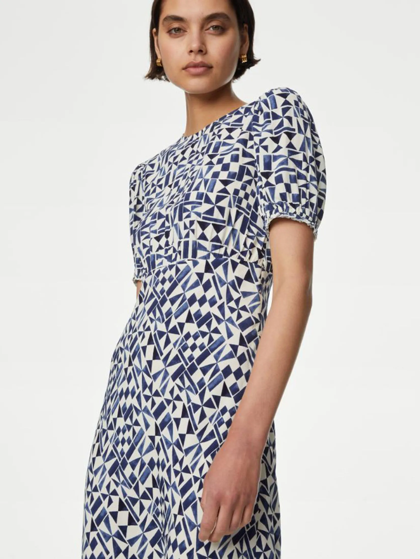 MARKS & SPENCER Women Midaxi Tea Dress Geometric Round Neck Navy Mix