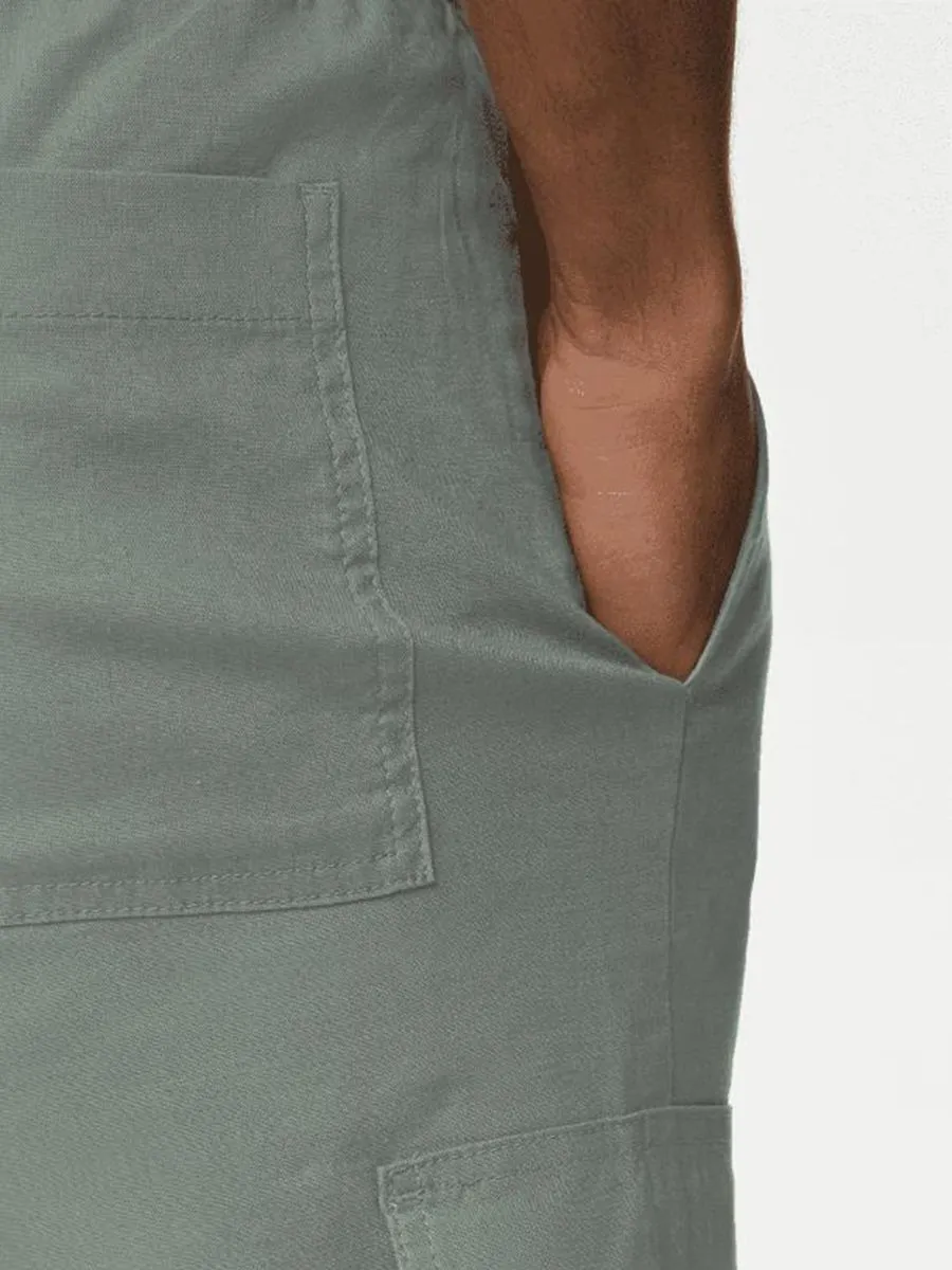 MARKS & SPENCER Men Cargo Trousers Linen Rich Elasticated Waist B8_Sage