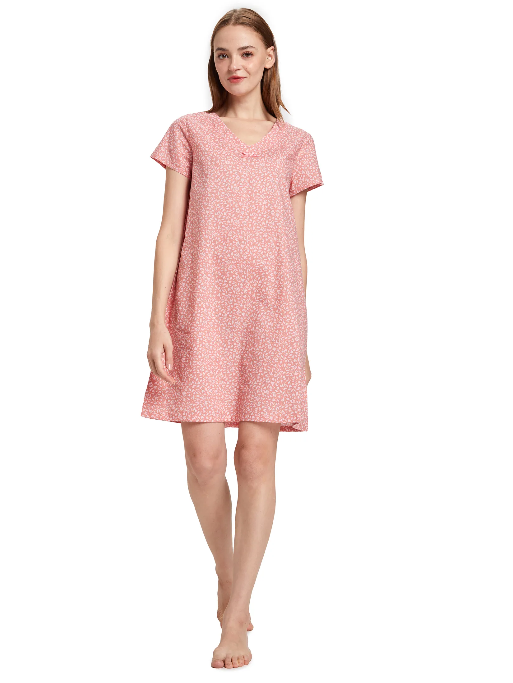 CLAUDIA'S ROMANCE Women Pyjamas Dress Short Sleeves V-Neck Print Orange