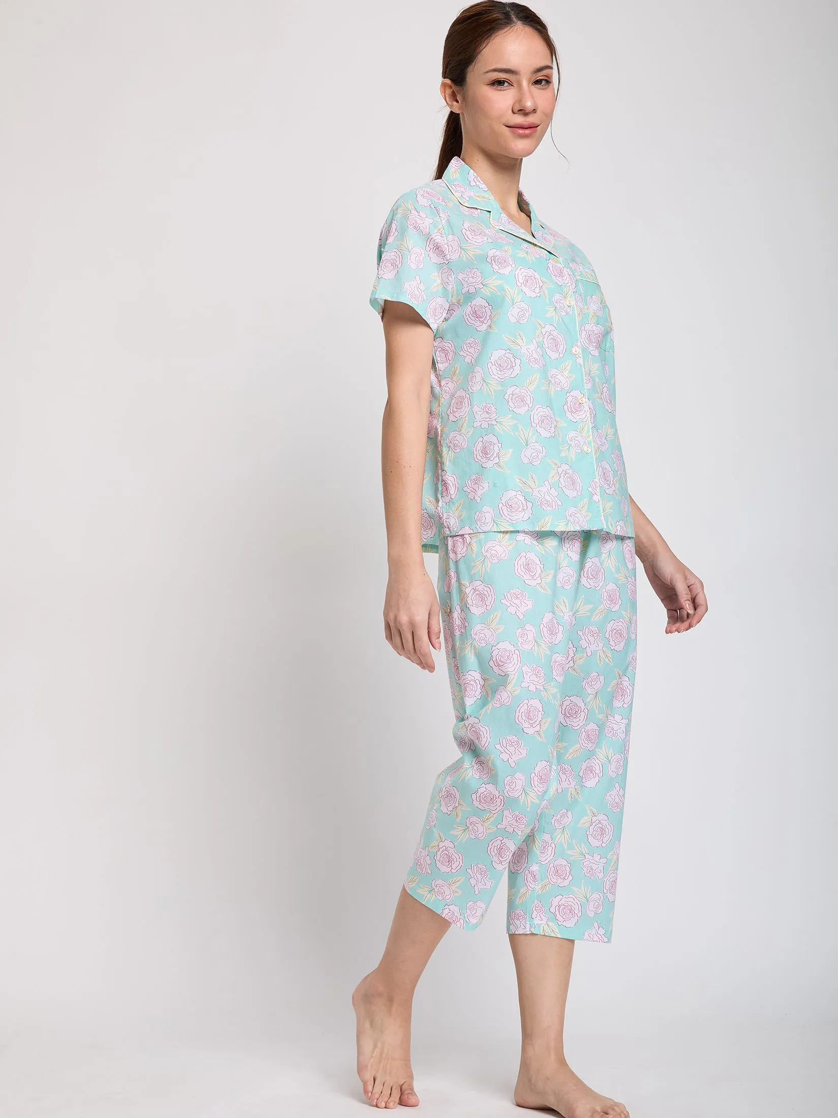 CLAUDIA'S ROMANCE Women Pajamas Set Hawaiian Shirt Short Sleeves + 5-Part Pants Green