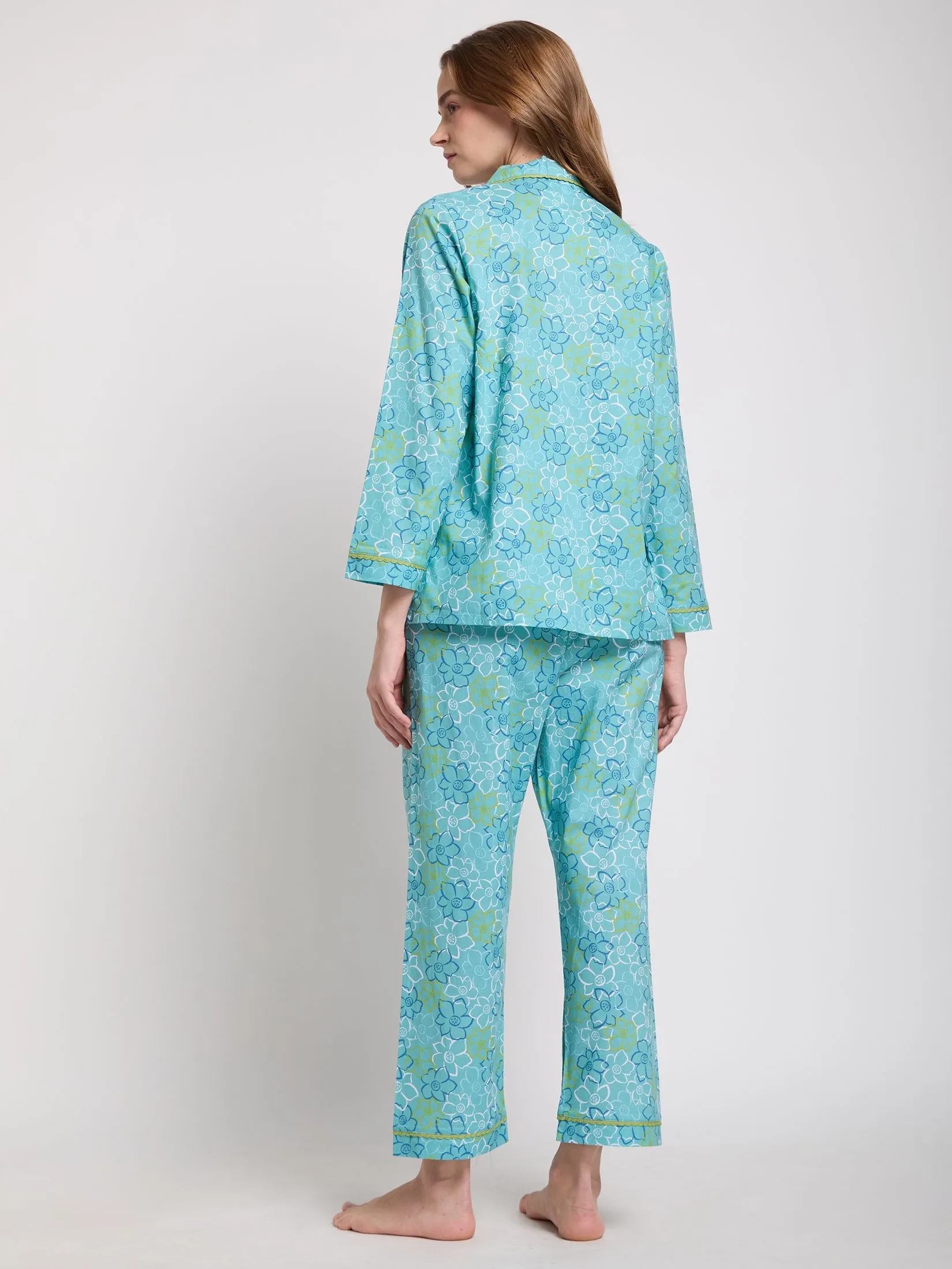 CLAUDIA'S ROMANCE Women Pajamas Shirt Long Sleeves + Pants Sweet Dreams Light Blue