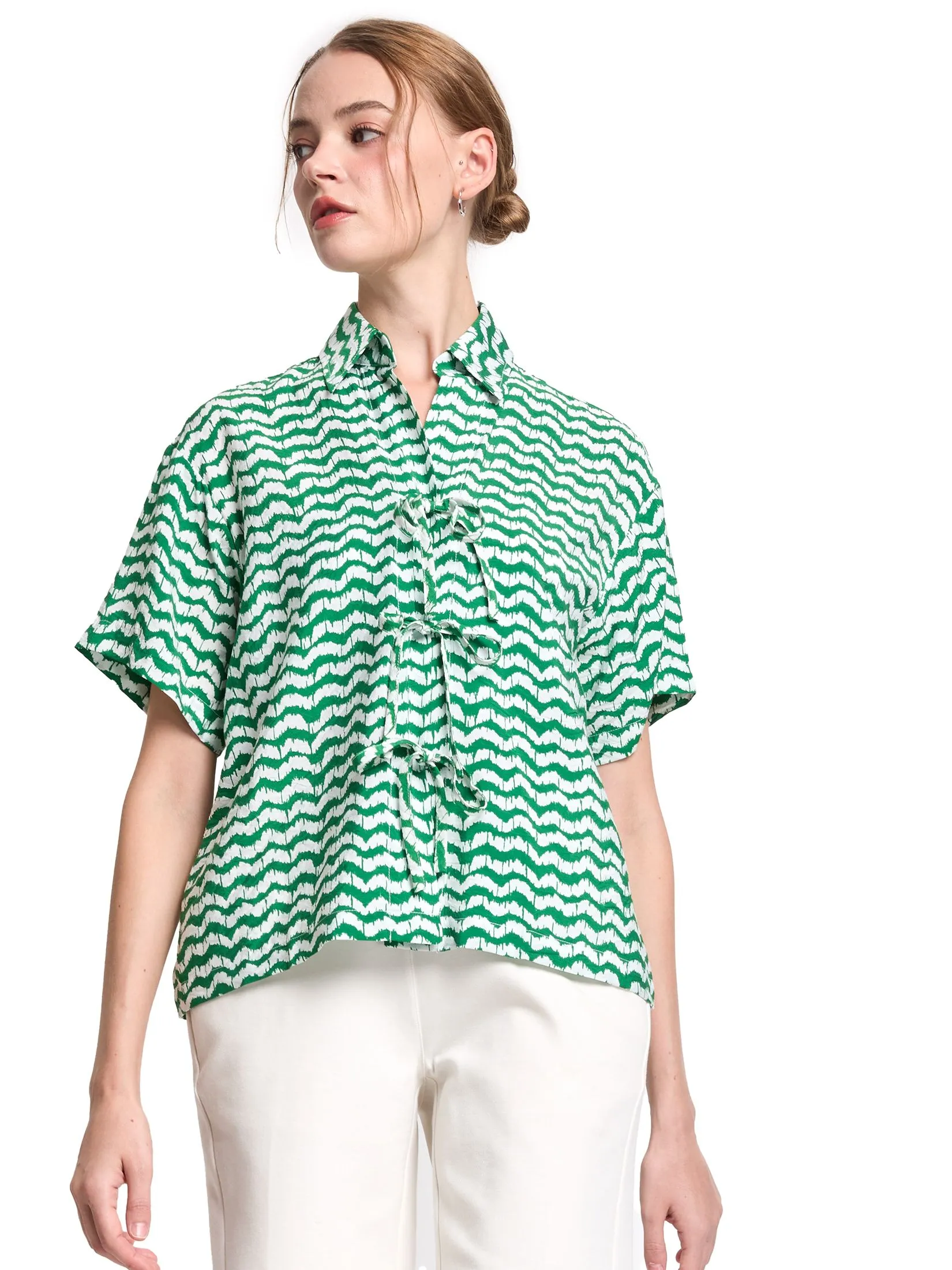 EASY PIECES Women Blouse Short Sleeves Front-Tie Closure
