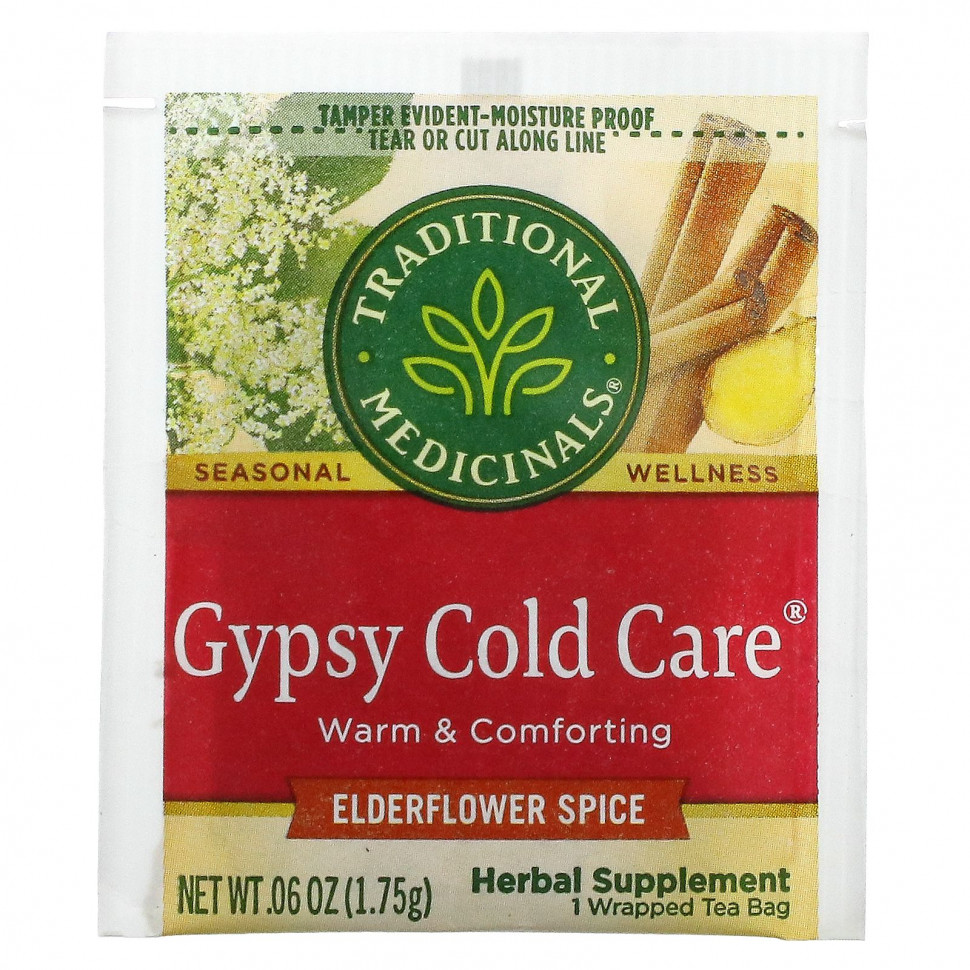 Traditional Medicinals, Gypsy Cold Care, специи из бузины, без кофеина, 16 чайных пакетиков в упаковке, 28 г (0,99 унции)