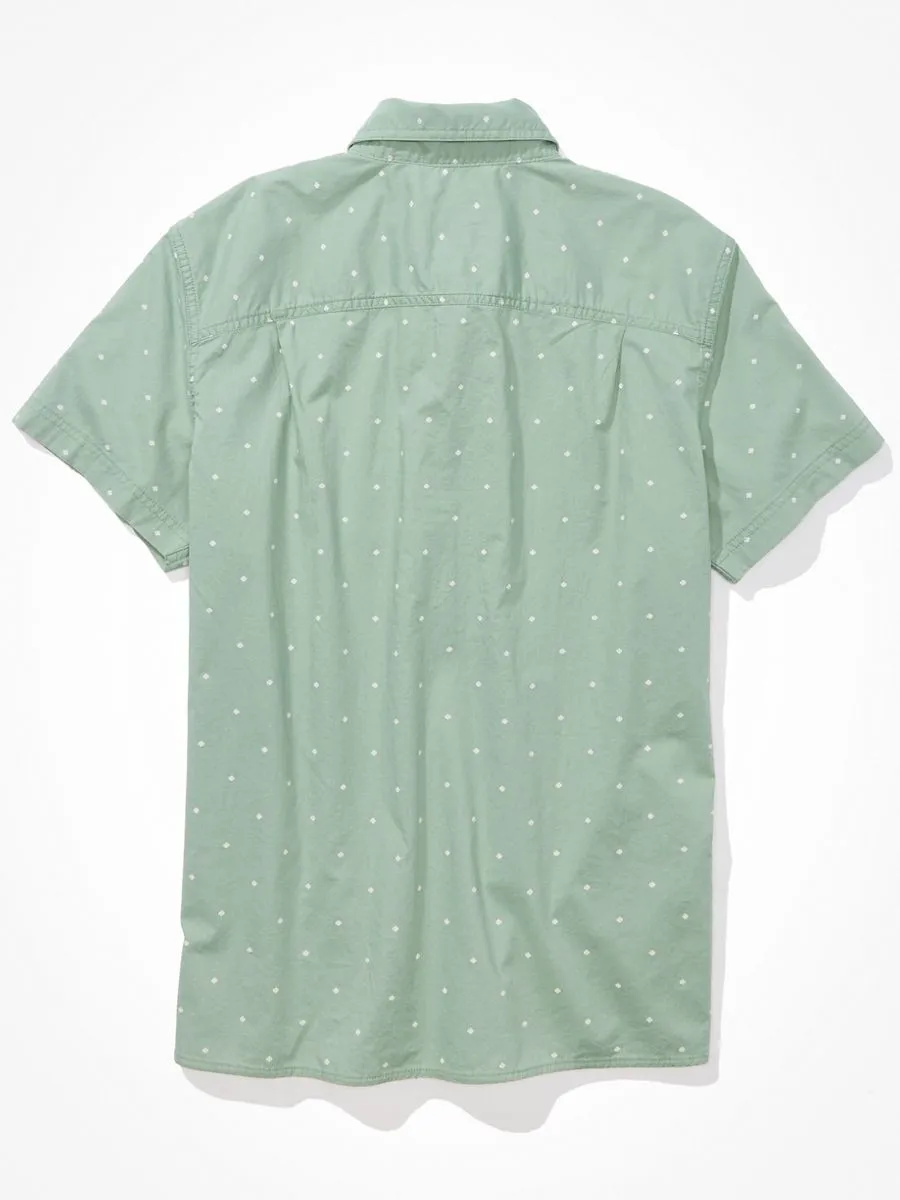 AMERICAN EAGLE MEN POPLIN CAIL GEO BLEACH WASH SHIRT DRIED SAGE