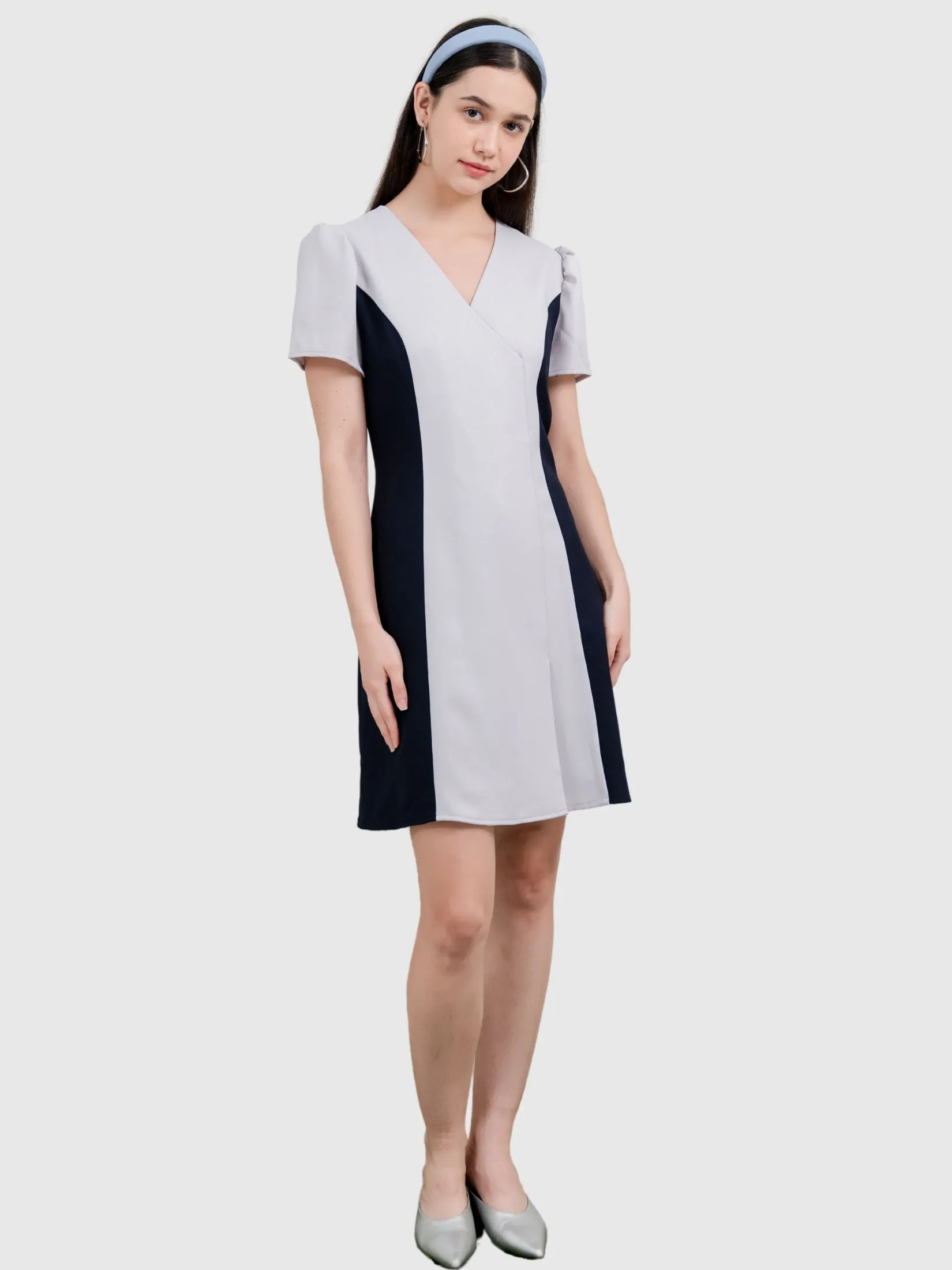 AMILA Women Dress Short Sleeves Moss Crepe Light Grey