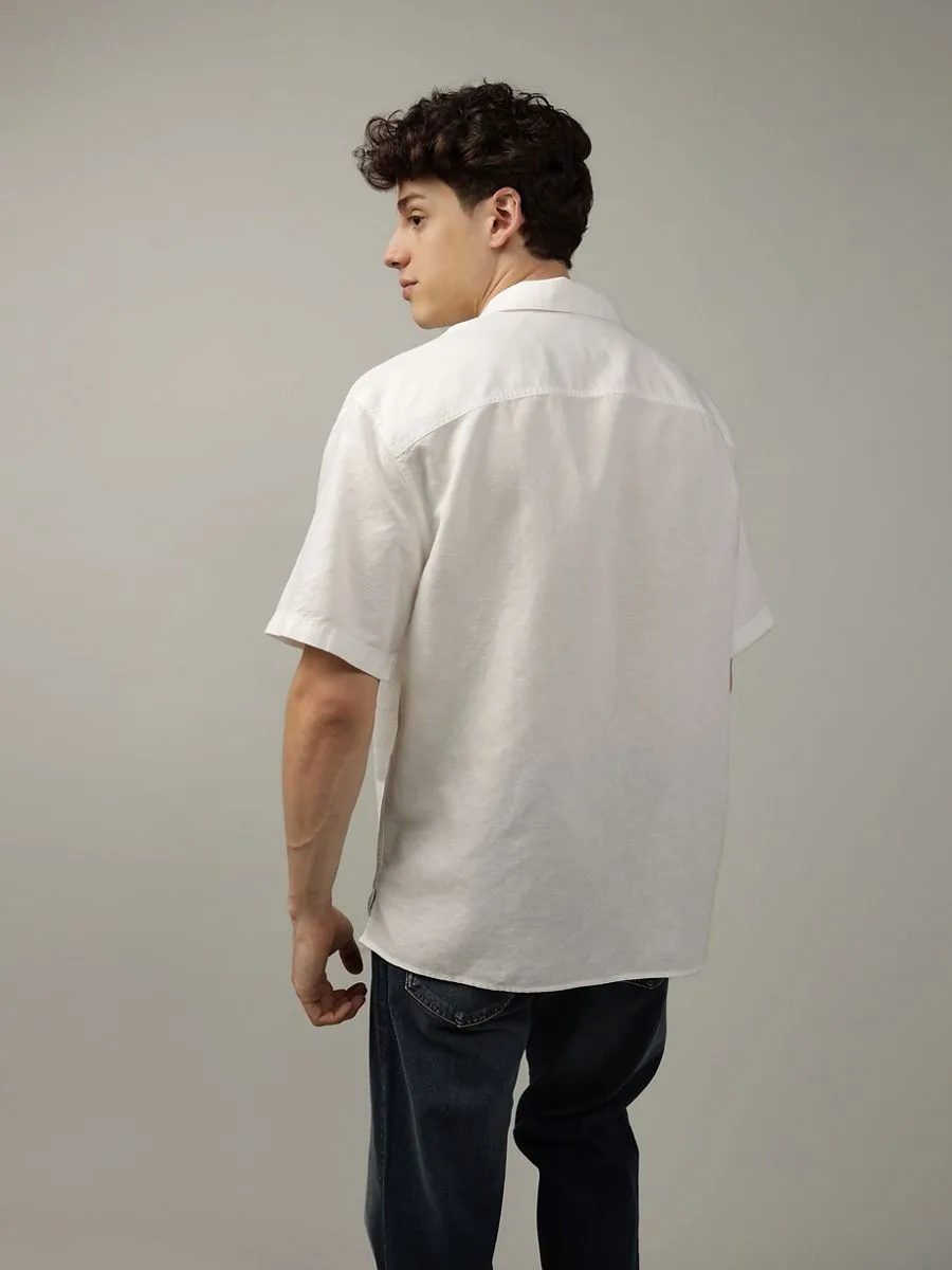 AMERICAN EAGLE MEN SS OVERSIZED CAMP COLLAR LINEN SOLIDS 101 AIR WHITE