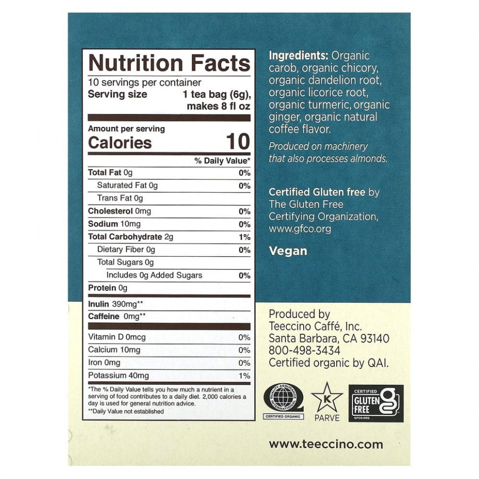 Teeccino, Органический обжаренный травяной чай с корнем одуванчика и куркумой, не содержит кофеина, 10 чайных пакетиков, 60 г