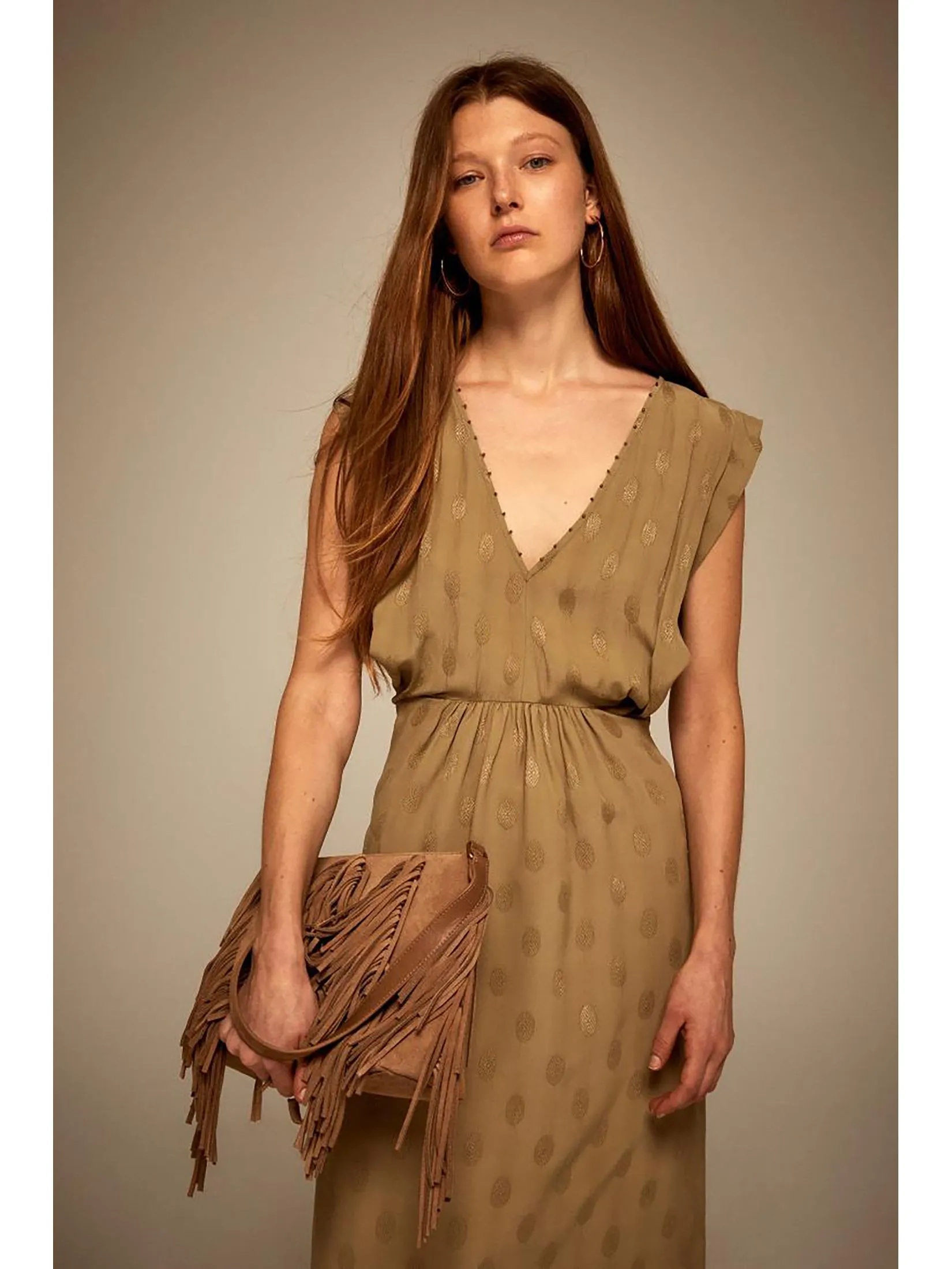 SFERA Women Dress Flowing Jacquard Khaki Green