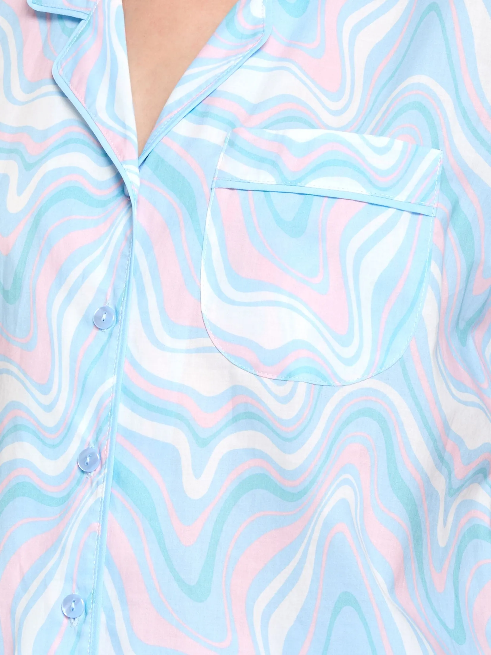 CLAUDIA'S ROMANCE Women Pyjamas Shirt Short Sleeves Hawaiian Collar + Cropped Pants Marble Swirl Light Blue