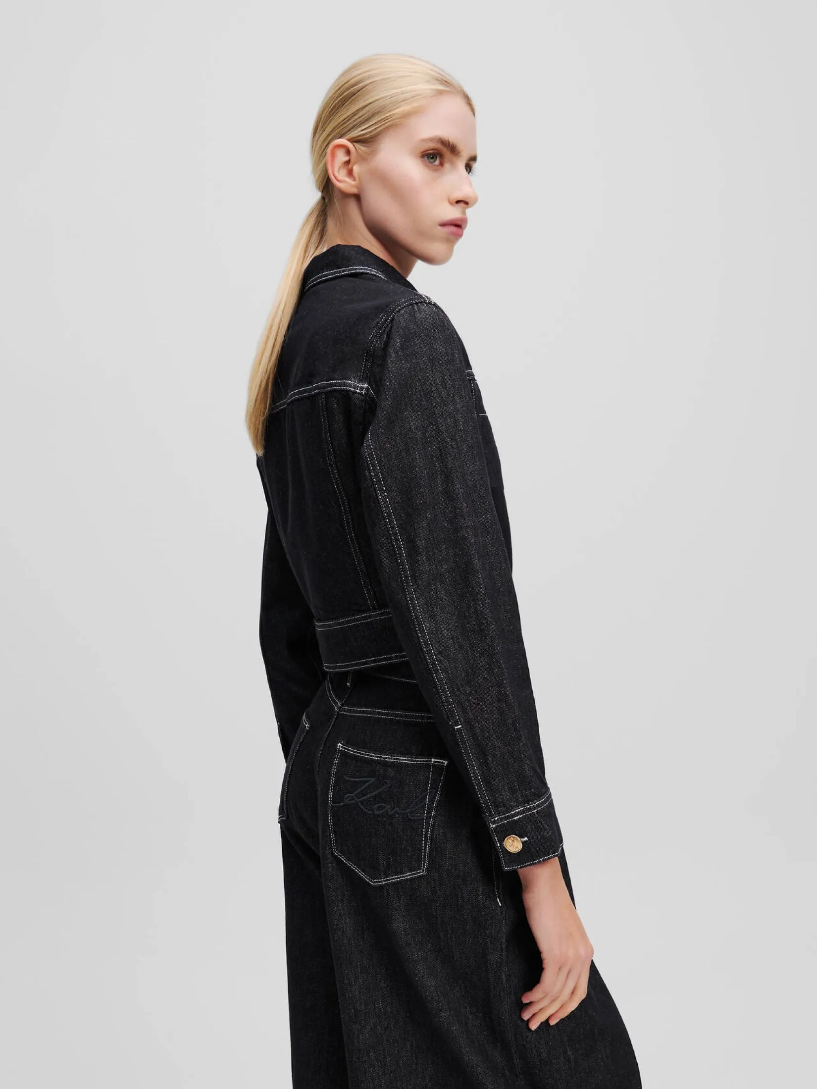 KARL LAGERFELD RTW-1 BUTTON DENIM JACKET DARK BLUE DENIM