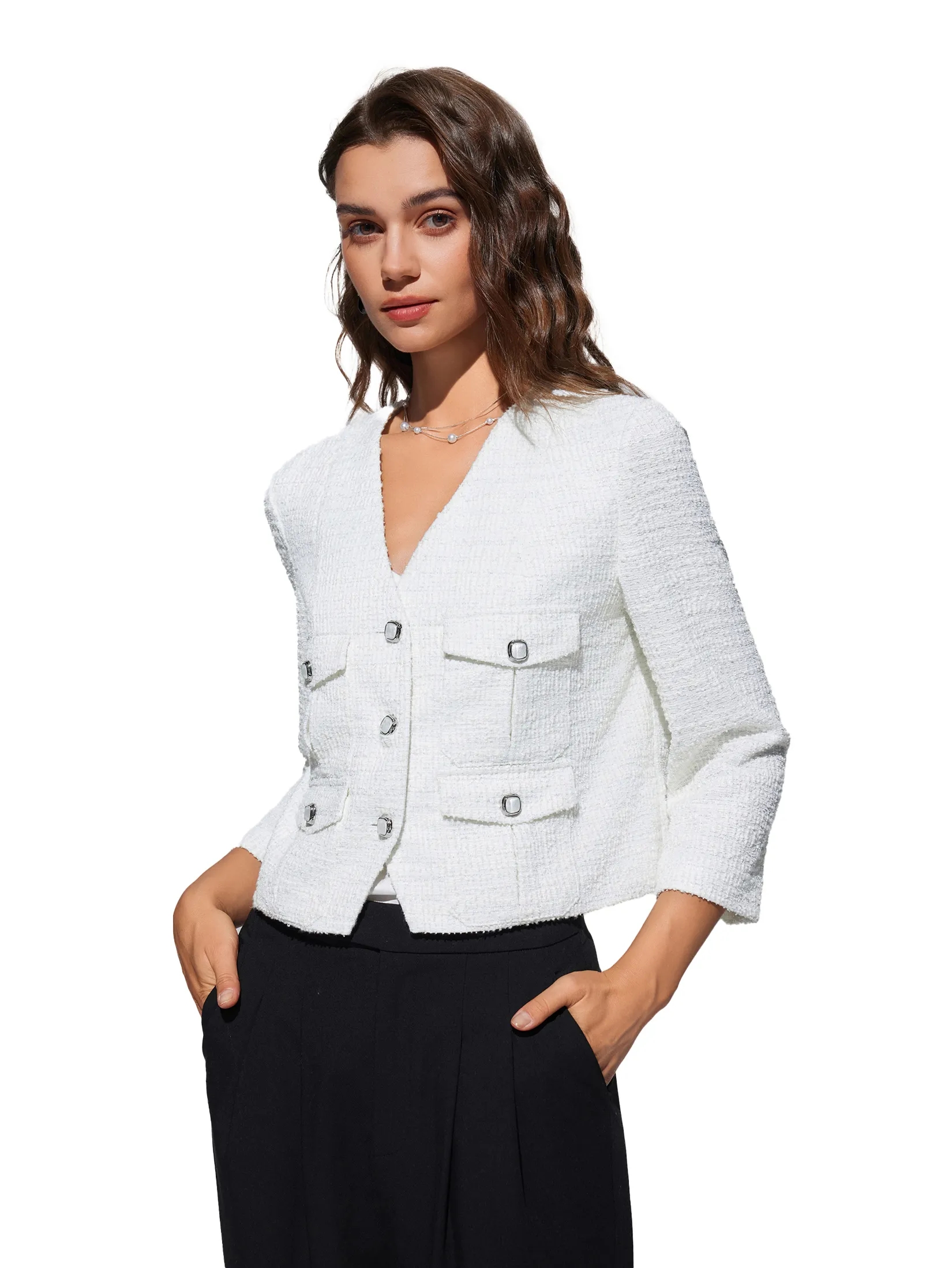 G2000 Women Clothing Tweed V-Neck Knit Jacket Regular Fit - Off-White
