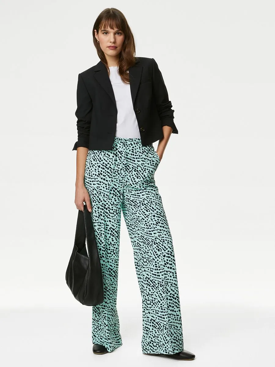 MARKS & SPENCER Women Trousers Wide Leg Drawstring Printed Light Green Mix