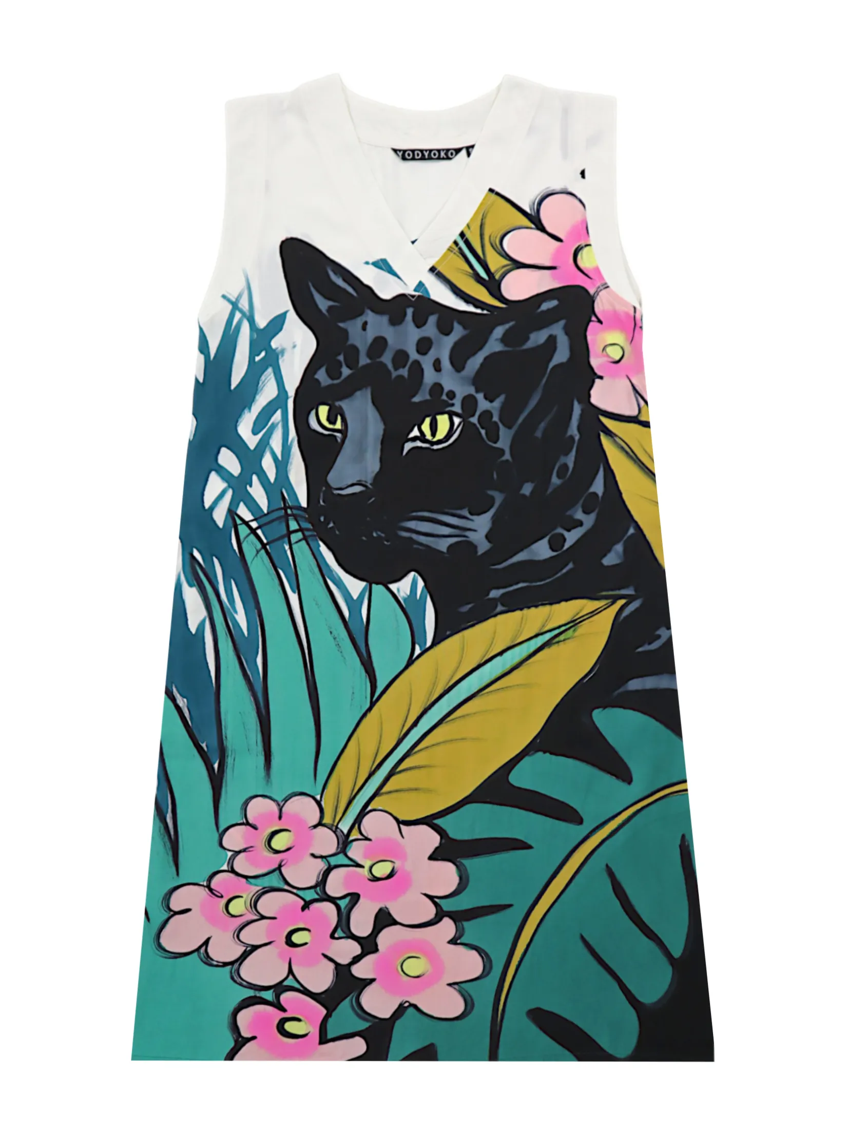 YODYOKO Woman Sleeveless Dress - White : Black Panther in the Secret Garden