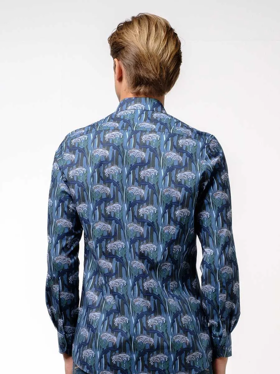 OLYMP MEN SHIRT LONG SLEEVES BODY  FIT FLOWER GRAPHIC PRINT BLUE