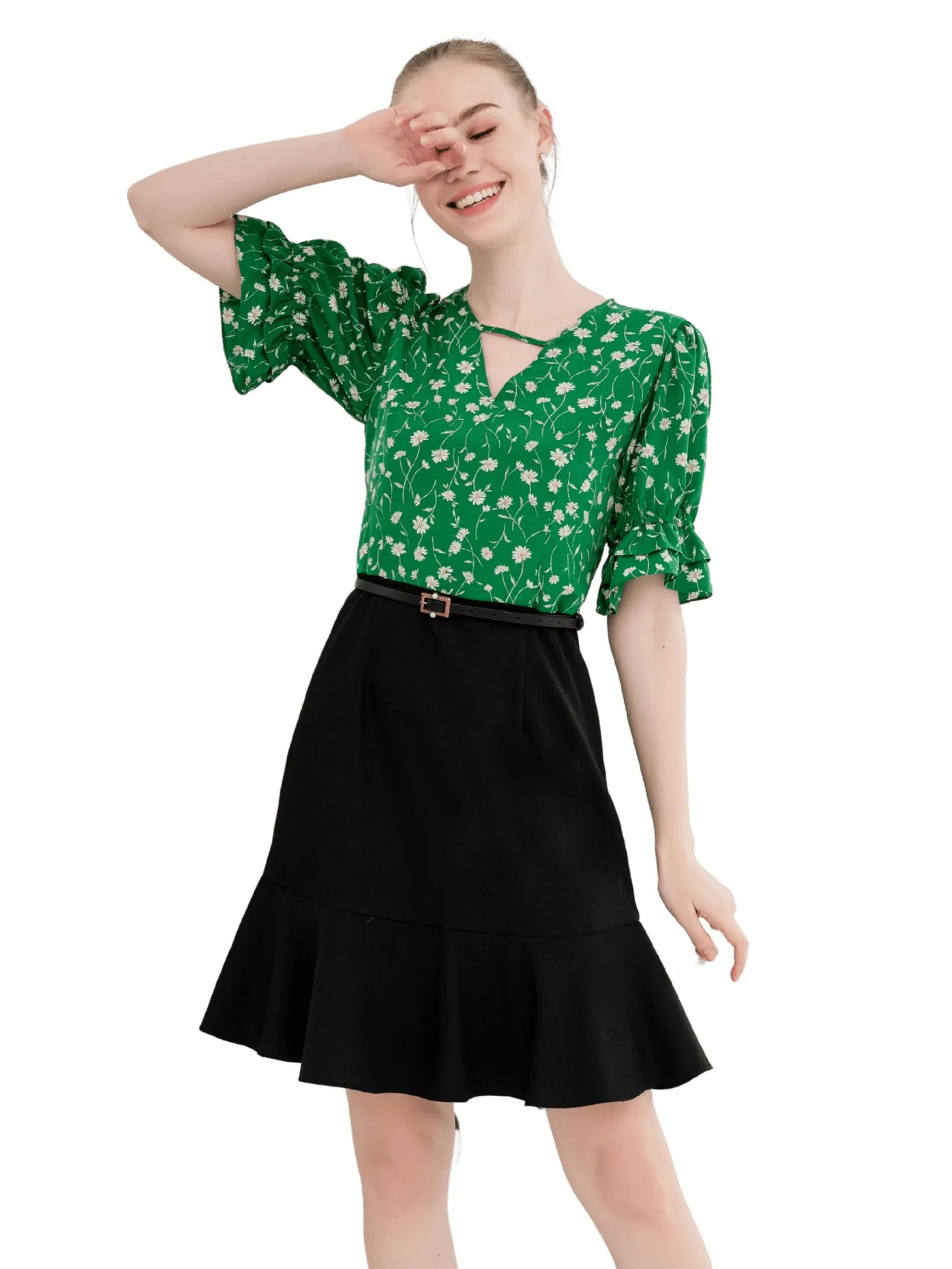 AMILA Women Dress Short Sleeves Peach Skin Green